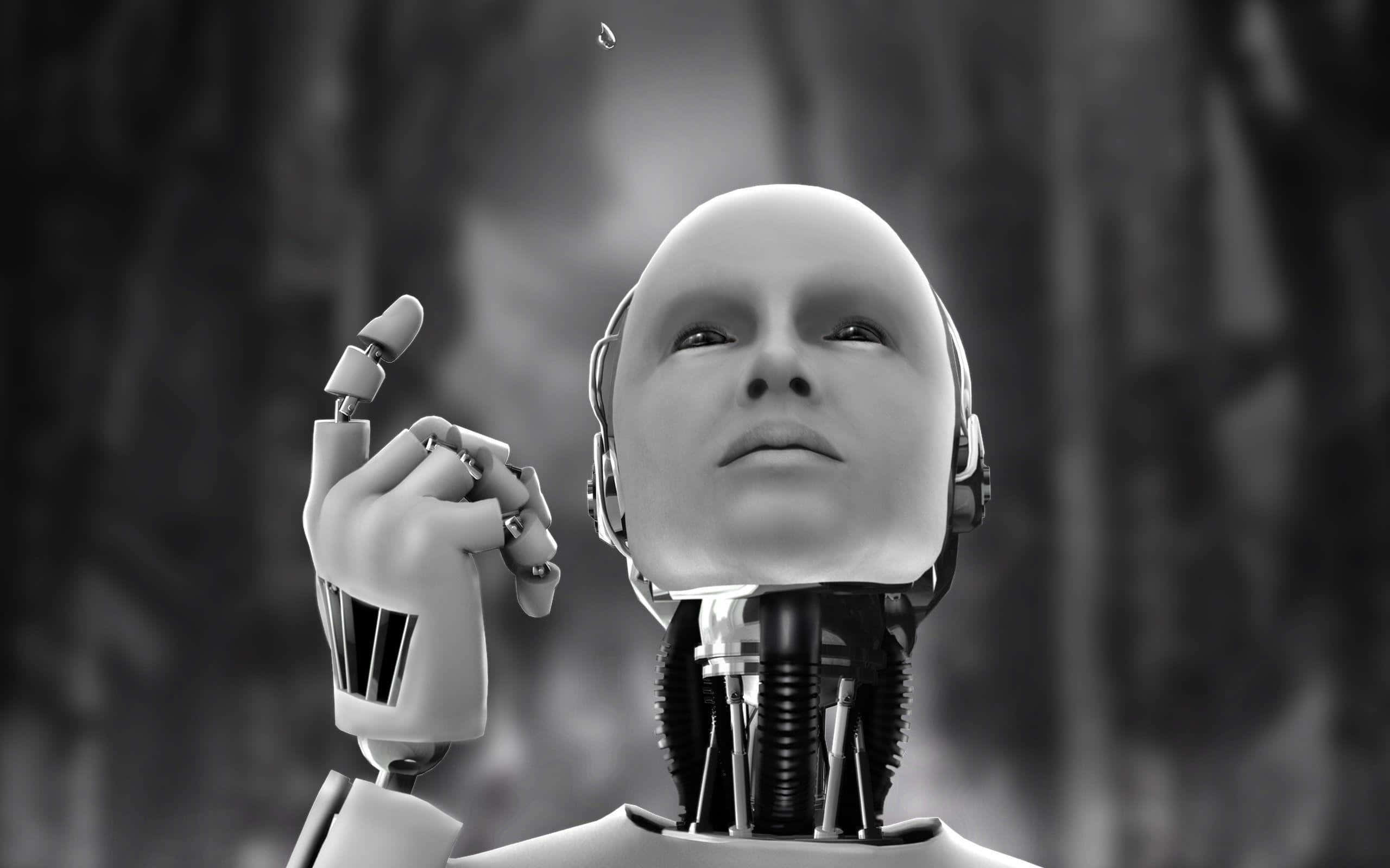 monochrome robotic head, exposed mechanical neck, droplet hovers above raised hand, 2K Desktop Wallpaper