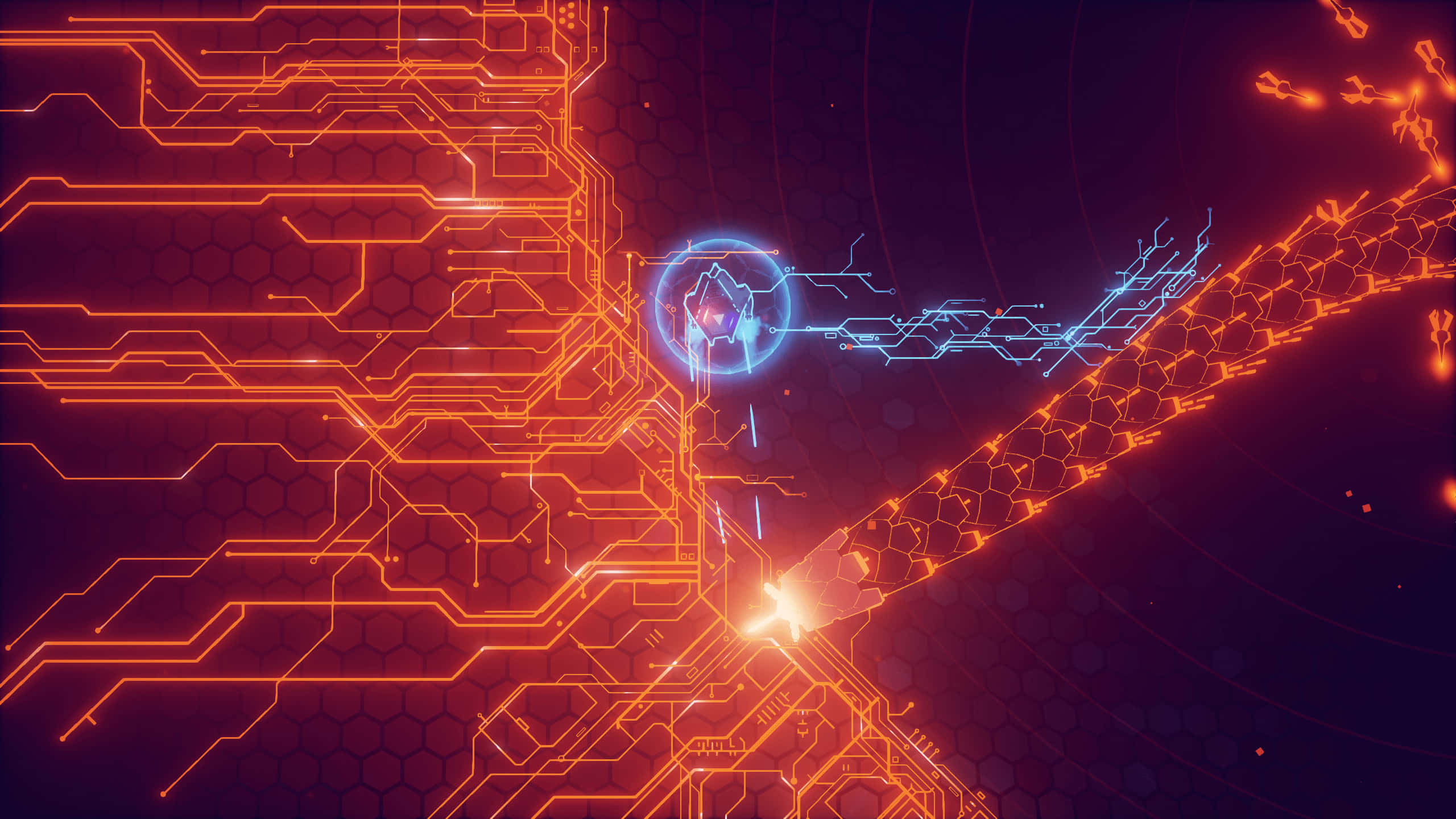 futuristic digital landscape, hexagonal patterns, glowing circuitry, 2K Desktop Wallpaper