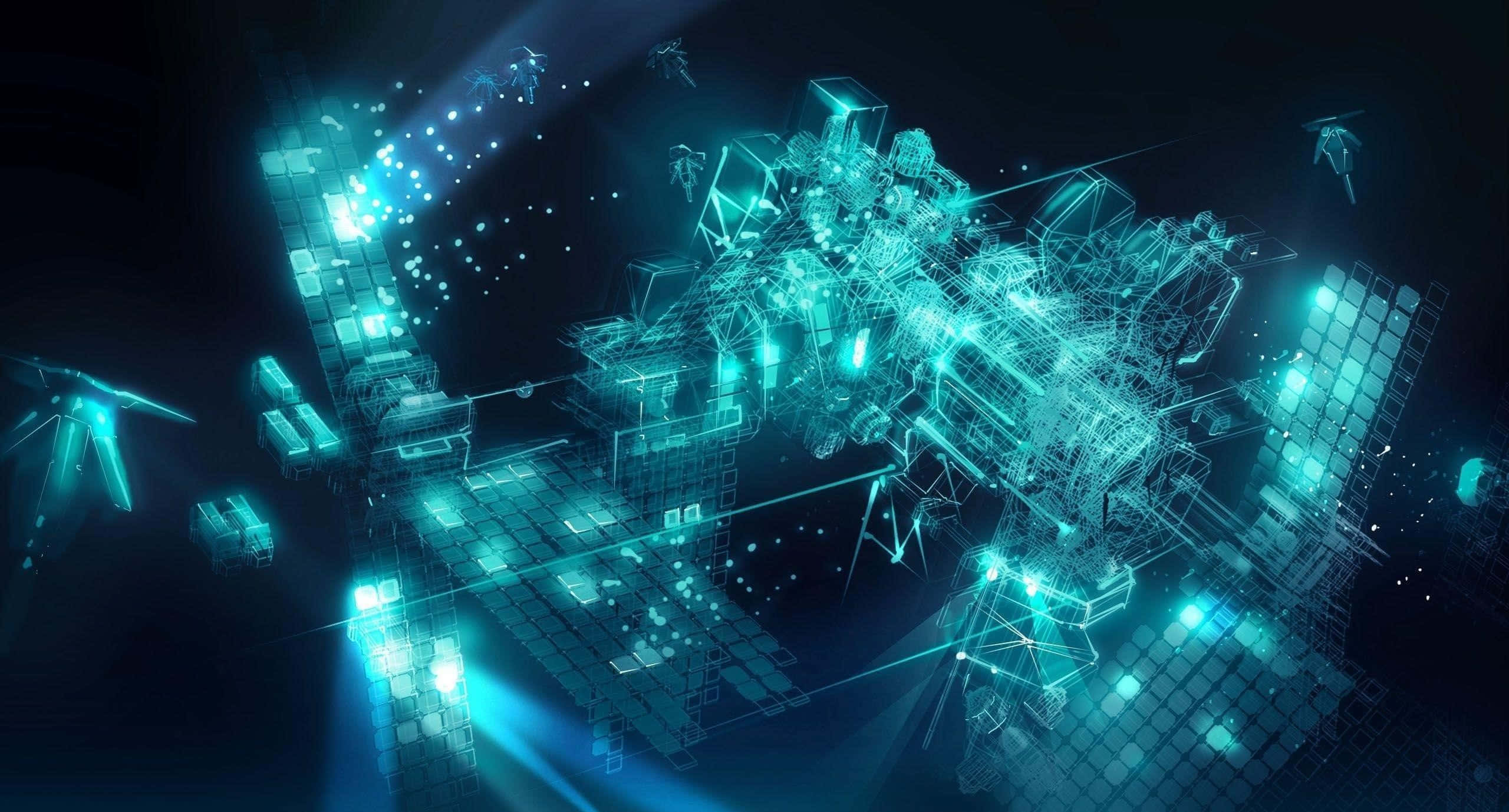 glowing cyan digital satellite structure, dark space, sparkling particle effects, 2K Desktop Wallpaper