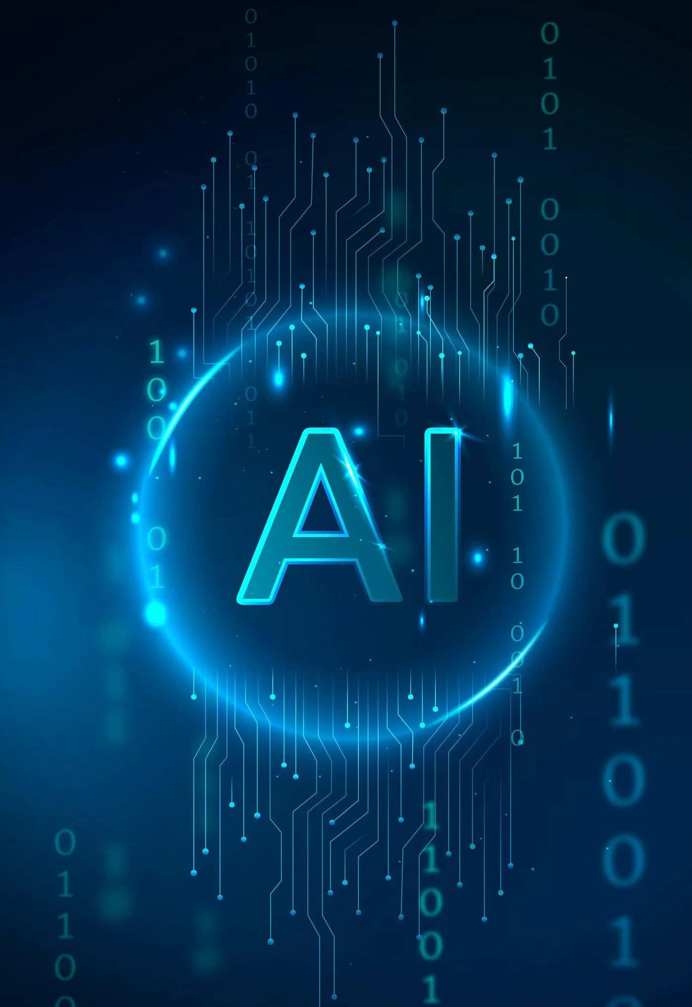 Futuristic AI Robot, Dark Cityscape, Glowing blue AI letters, Full HD Phone Wallpaper