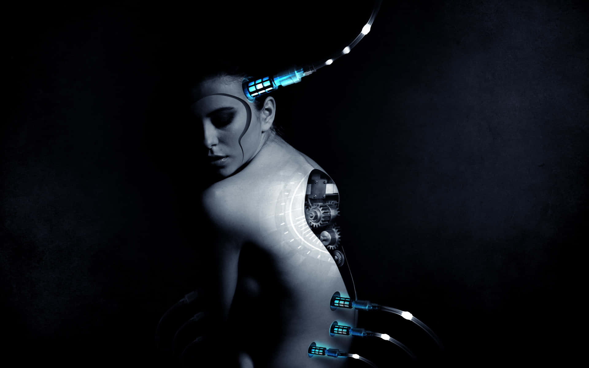 glowing blue cybernetic implants, exposed mechanical shoulder, dark background, Full HD Desktop Wallpaper