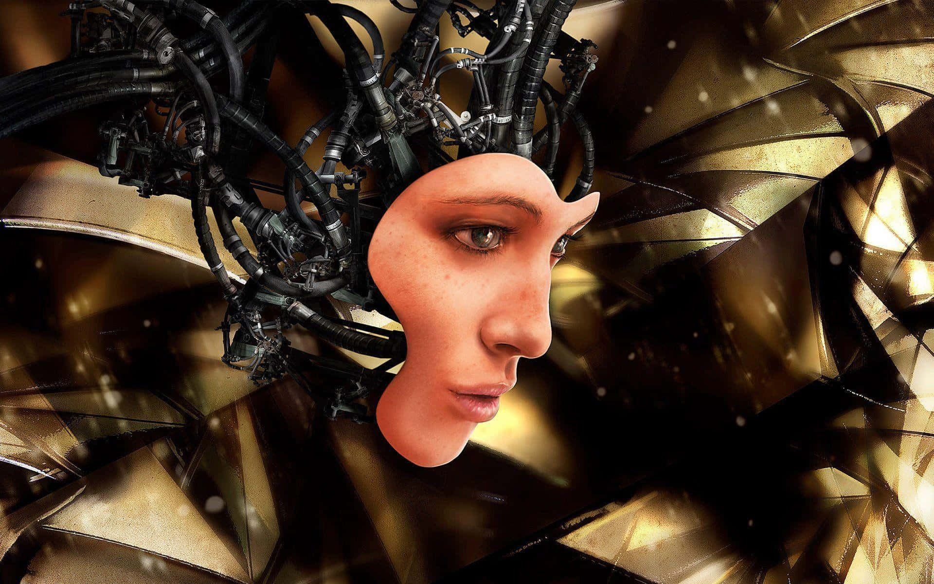 Futuristic AI-powered Robot, human-like face, intricate mechanical tendrils, Full HD Desktop Wallpaper