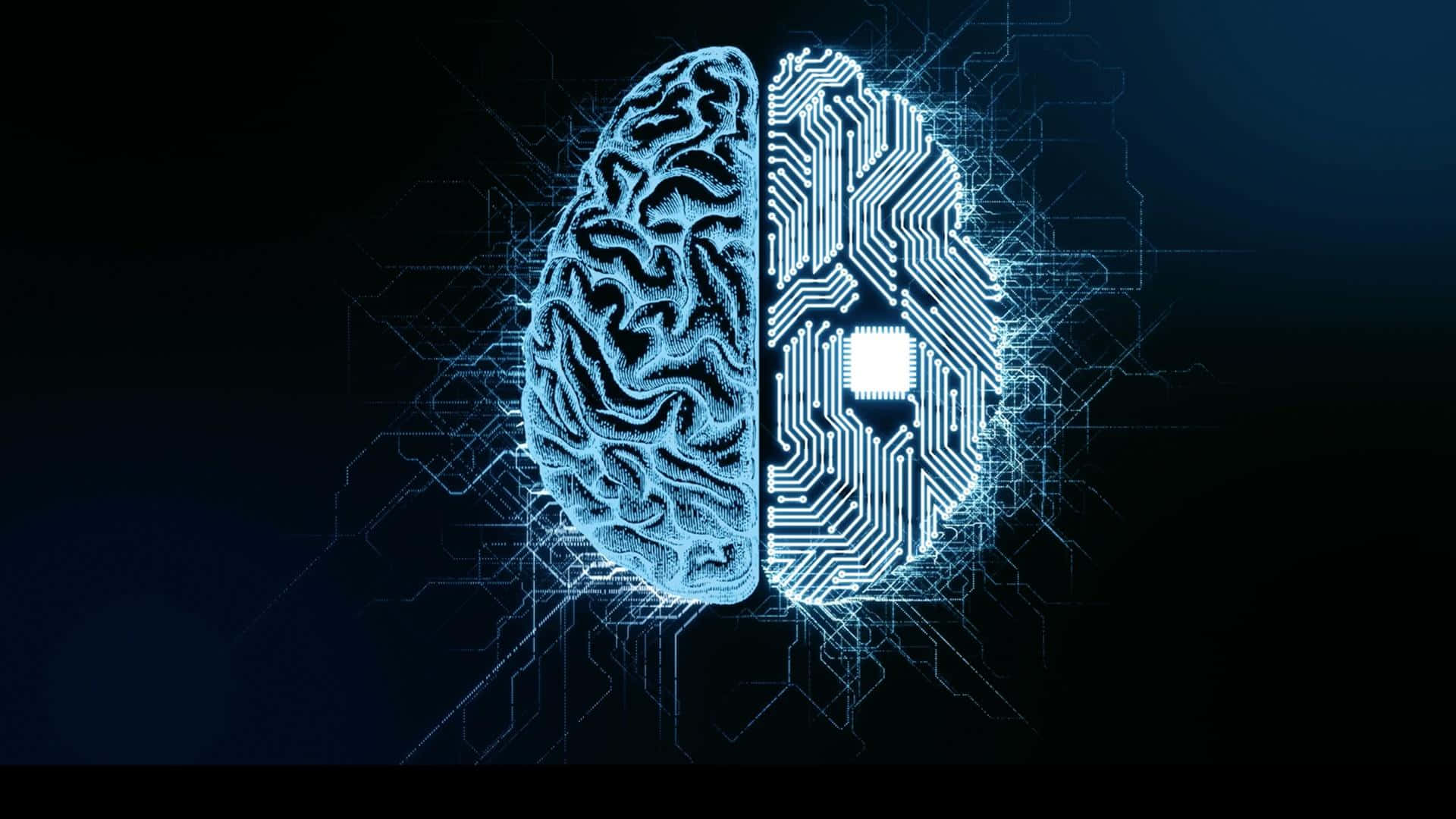 glowing blue brain, organic left side, circuit board right side, Full HD Desktop Wallpaper