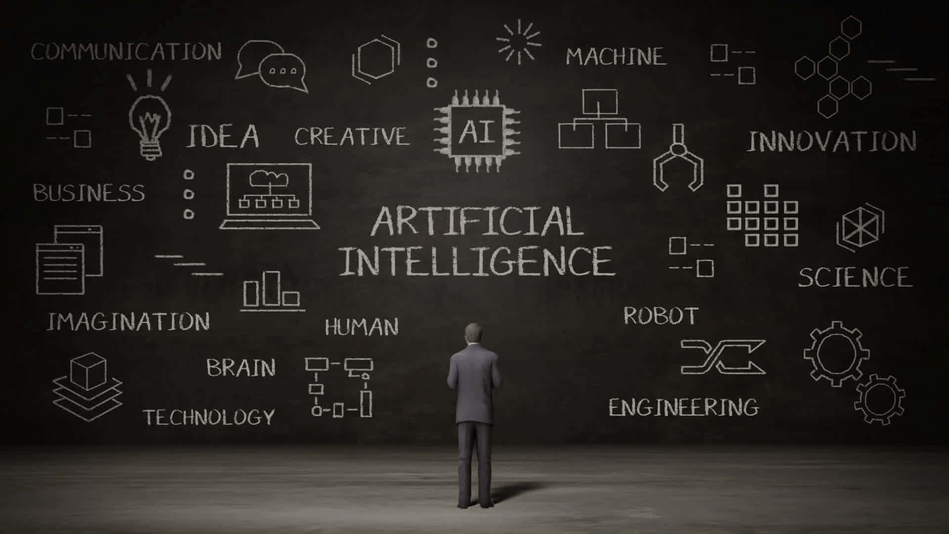 AI-related terms, chalkboard, dimly lit room, Full HD Desktop Wallpaper