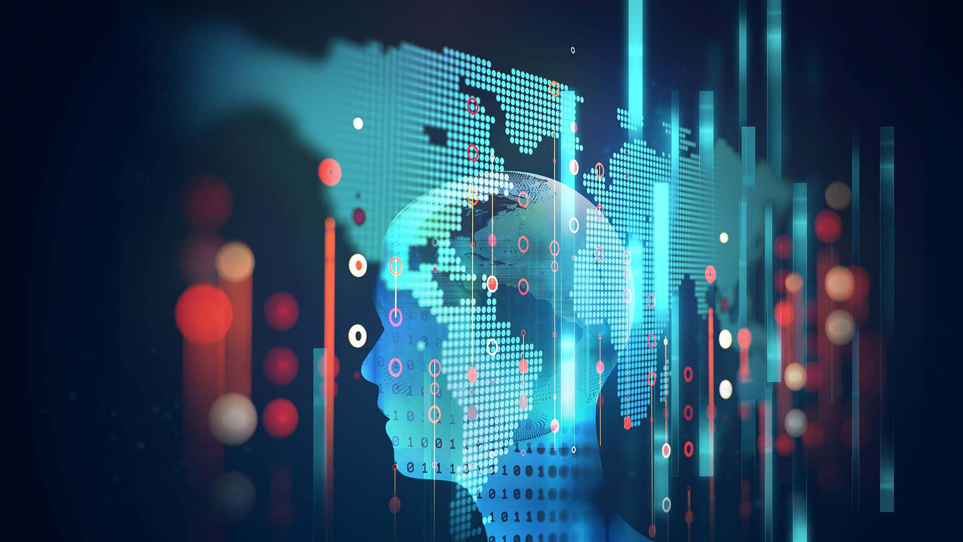 glowing blue digital brain silhouette, pixelated world map, floating data streams, Full HD Desktop Wallpaper