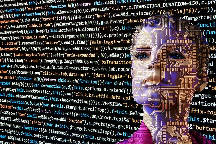 digital human, glowing circuitry, cascading code, SD Desktop Wallpaper