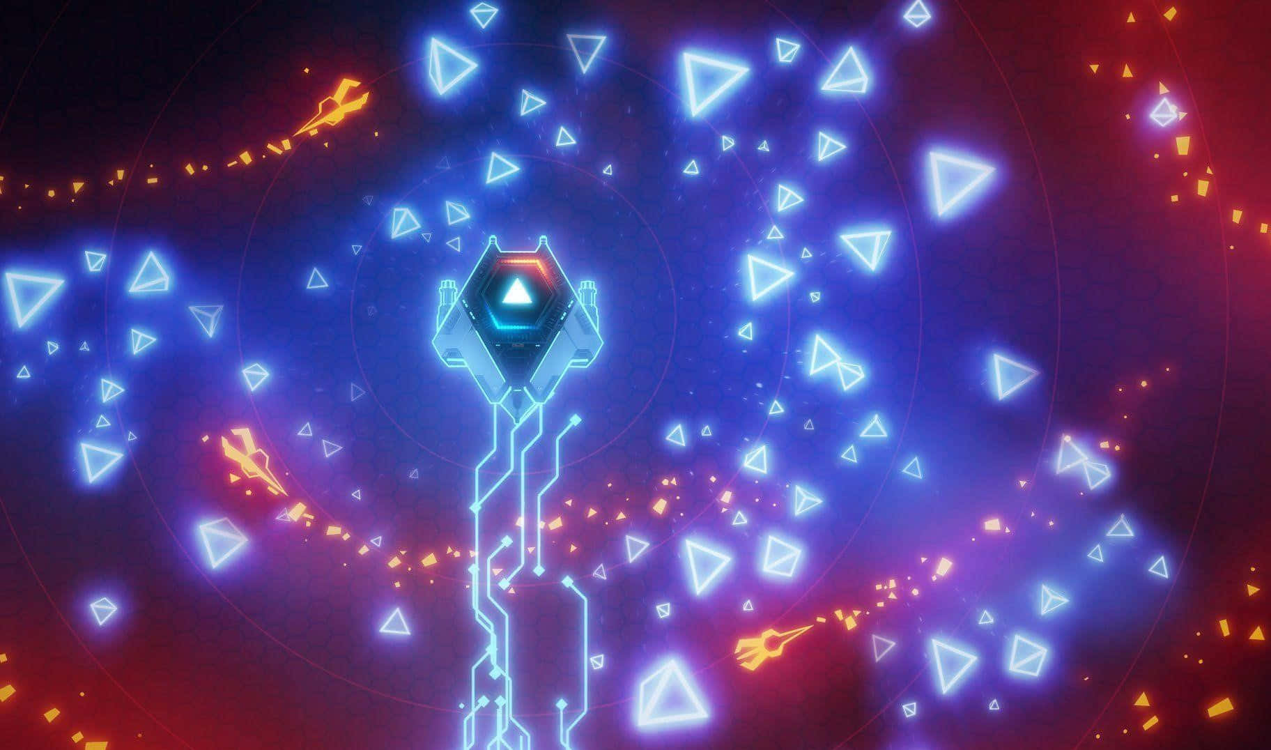 glowing blue hexagonal drone, circuitry trails, floating triangles, HD Desktop Wallpaper