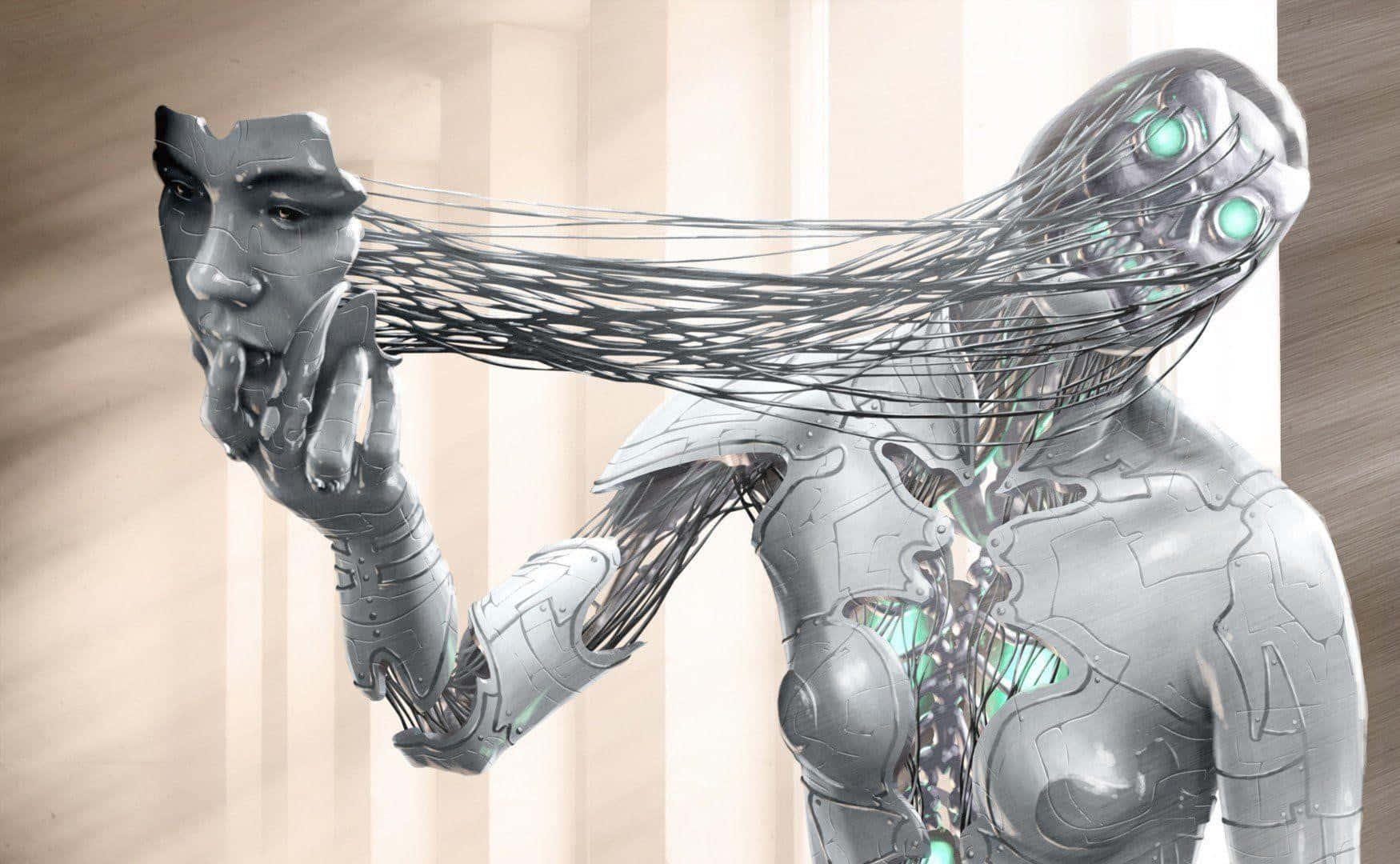 futuristic humanoid robot, glowing green eyes, exposed internal wiring, HD Desktop Wallpaper