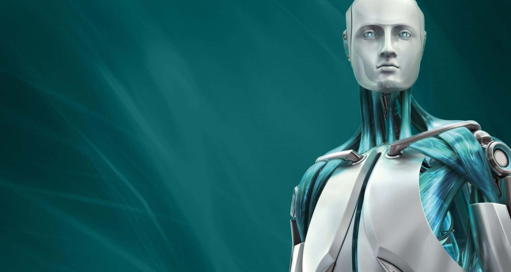 humanoid robot, glowing blue eyes, metallic teal and silver body, HD Desktop Wallpaper
