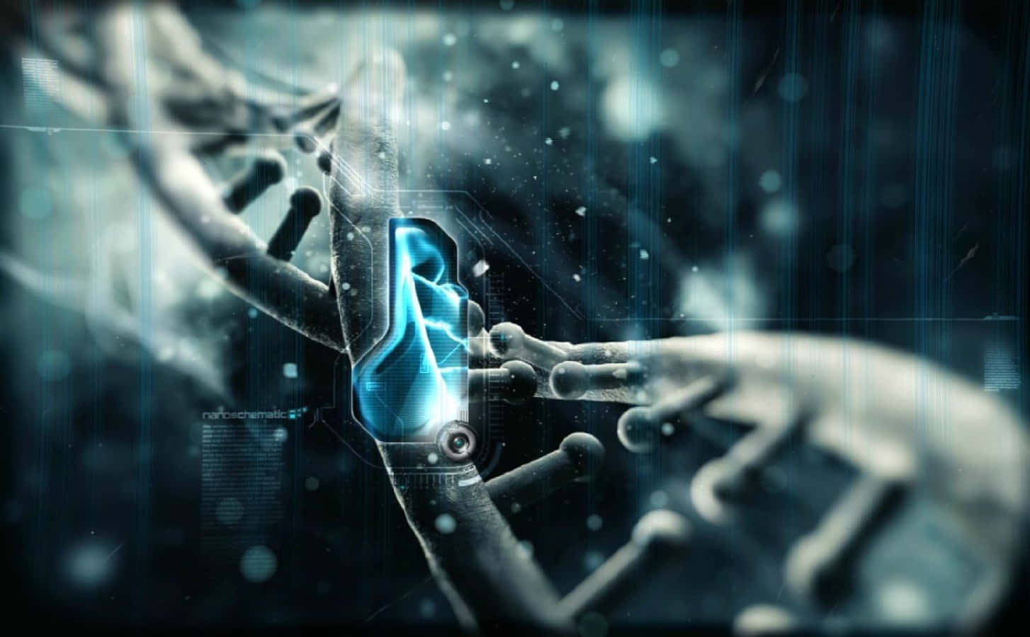 glowing blue digital hand, translucent DNA strand, futuristic tech background, HD Desktop Wallpaper