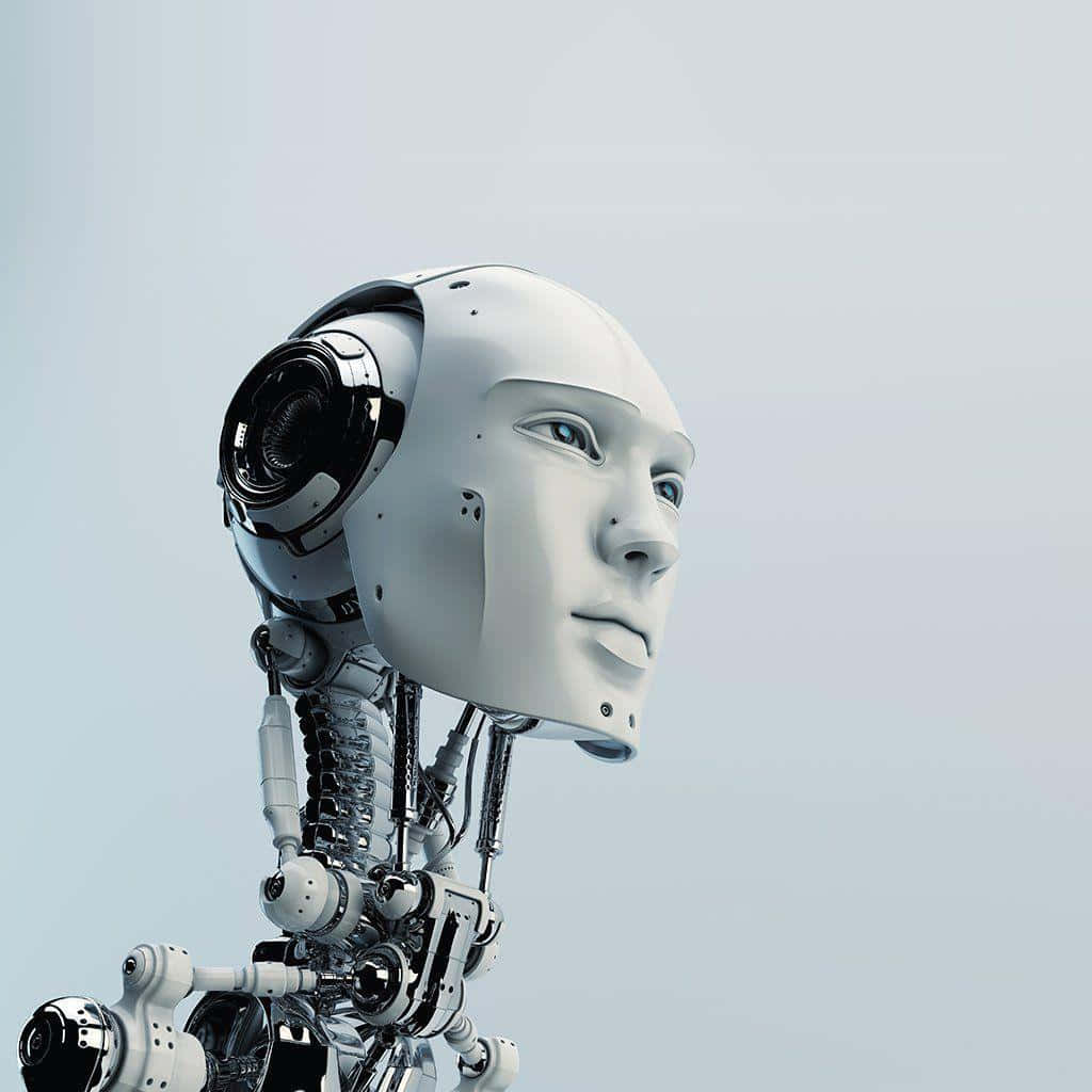 sleek humanoid robot head, mechanical joints, blue eyes, SD Desktop Wallpaper