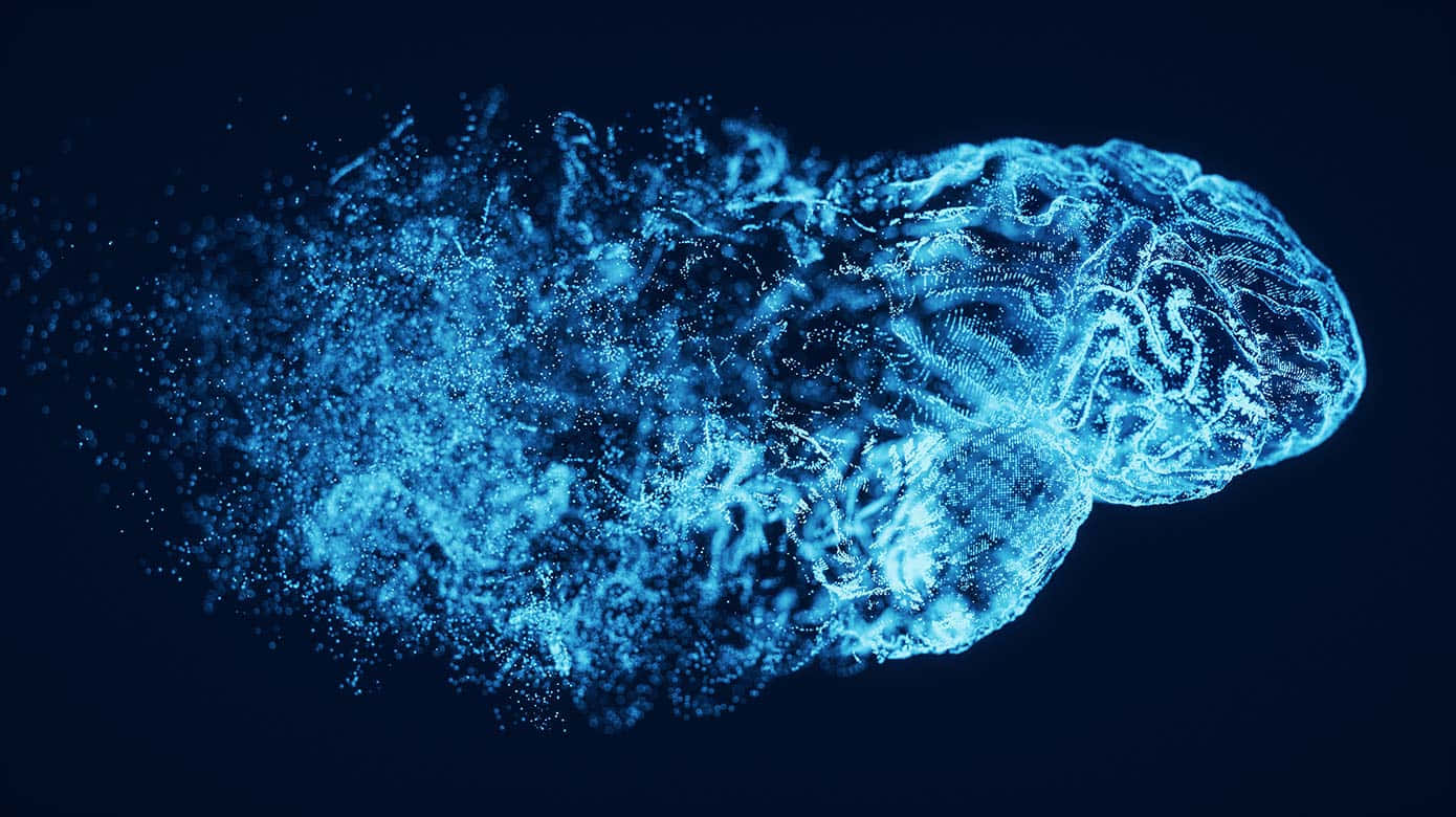 glowing blue digital brain, particle streams, dark background, HD Desktop Wallpaper