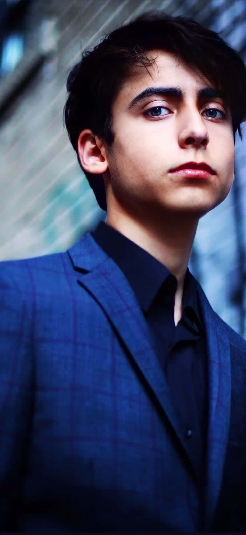 Aidan Gallagher, blue plaid suit, urban backdrop, HD Phone Wallpaper