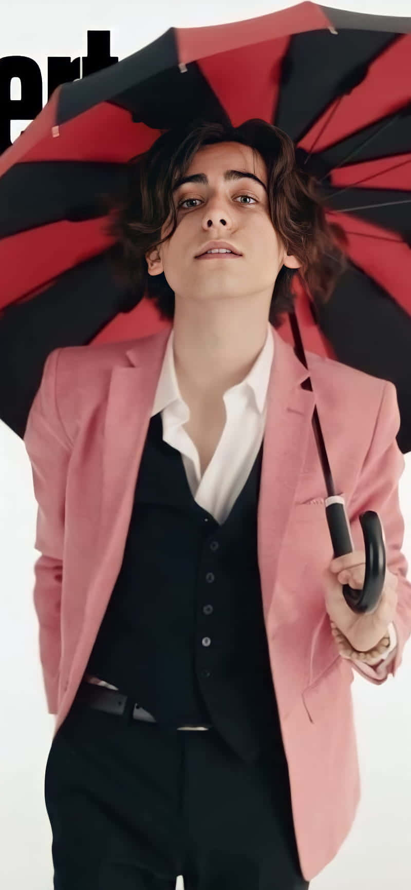 Aidan Gallagher, pink blazer, red and black umbrella, HD Phone Wallpaper