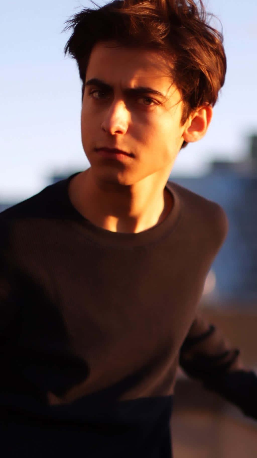 Aidan Gallagher, black shirt, tousled brown hair, HD Phone Wallpaper
