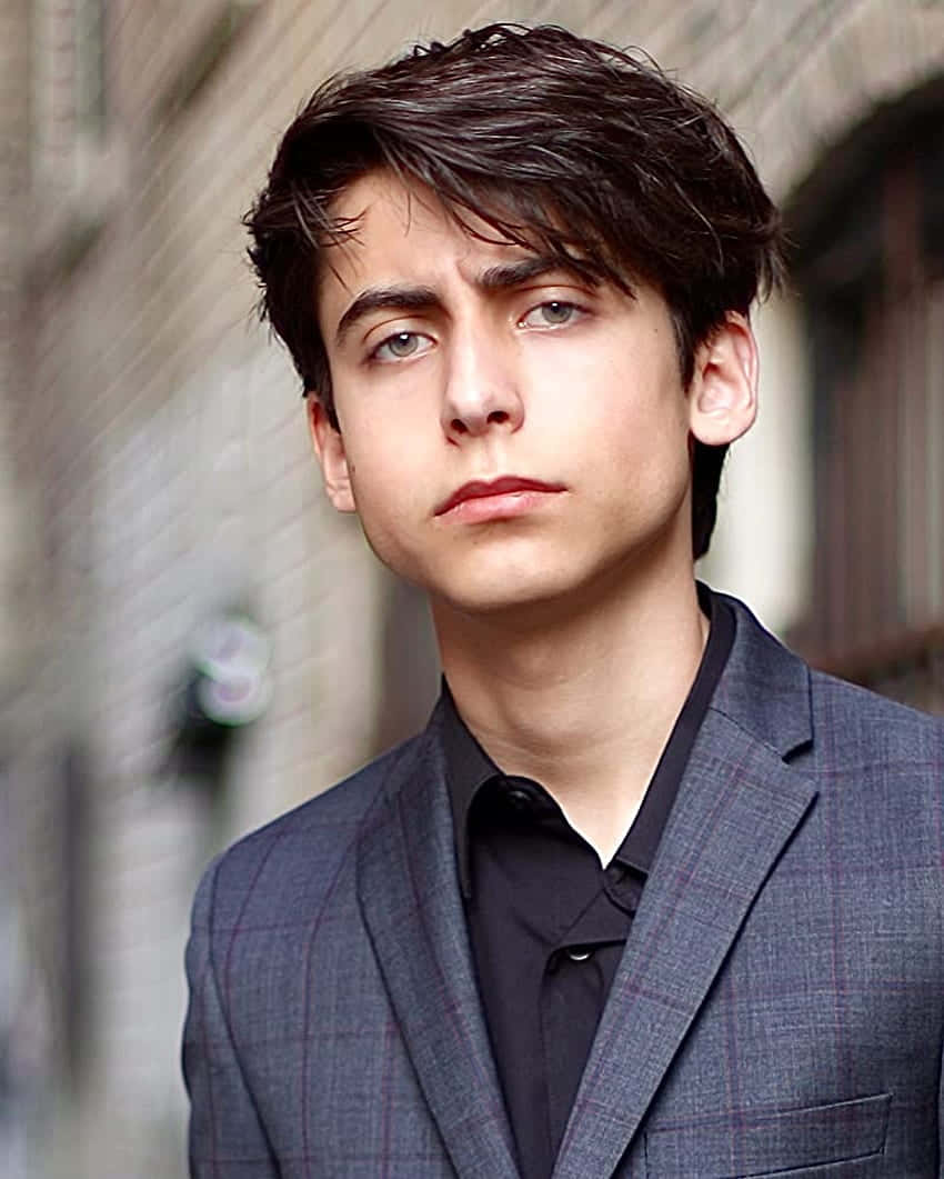 Aidan Gallagher, gray plaid blazer, black shirt, SD Phone Wallpaper