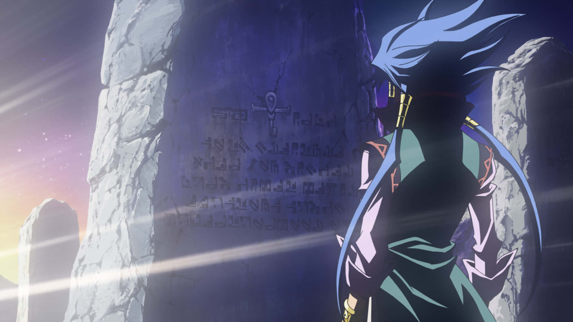 Aigami, blue-haired anime character, rune-carved stone pillar, Full HD Desktop Wallpaper