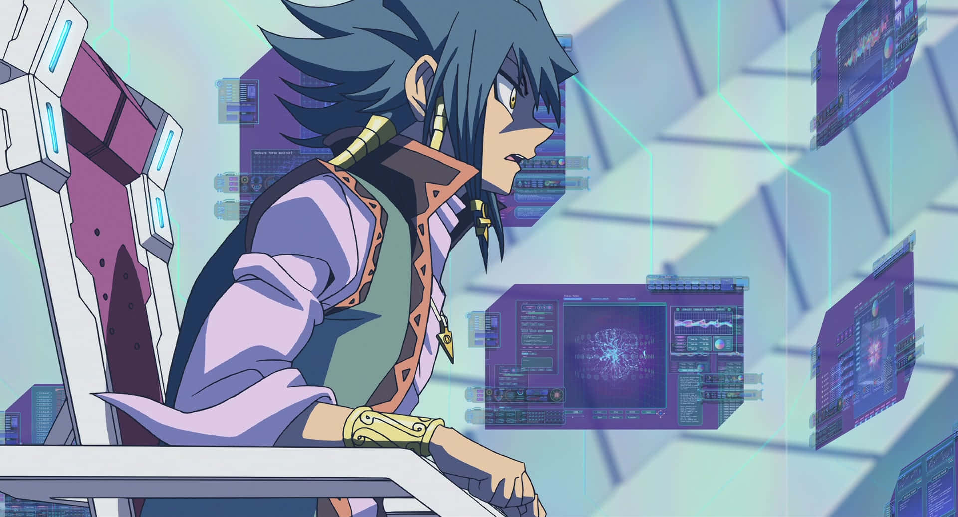 Aigami, spiky blue hair, futuristic console, Full HD Desktop Wallpaper