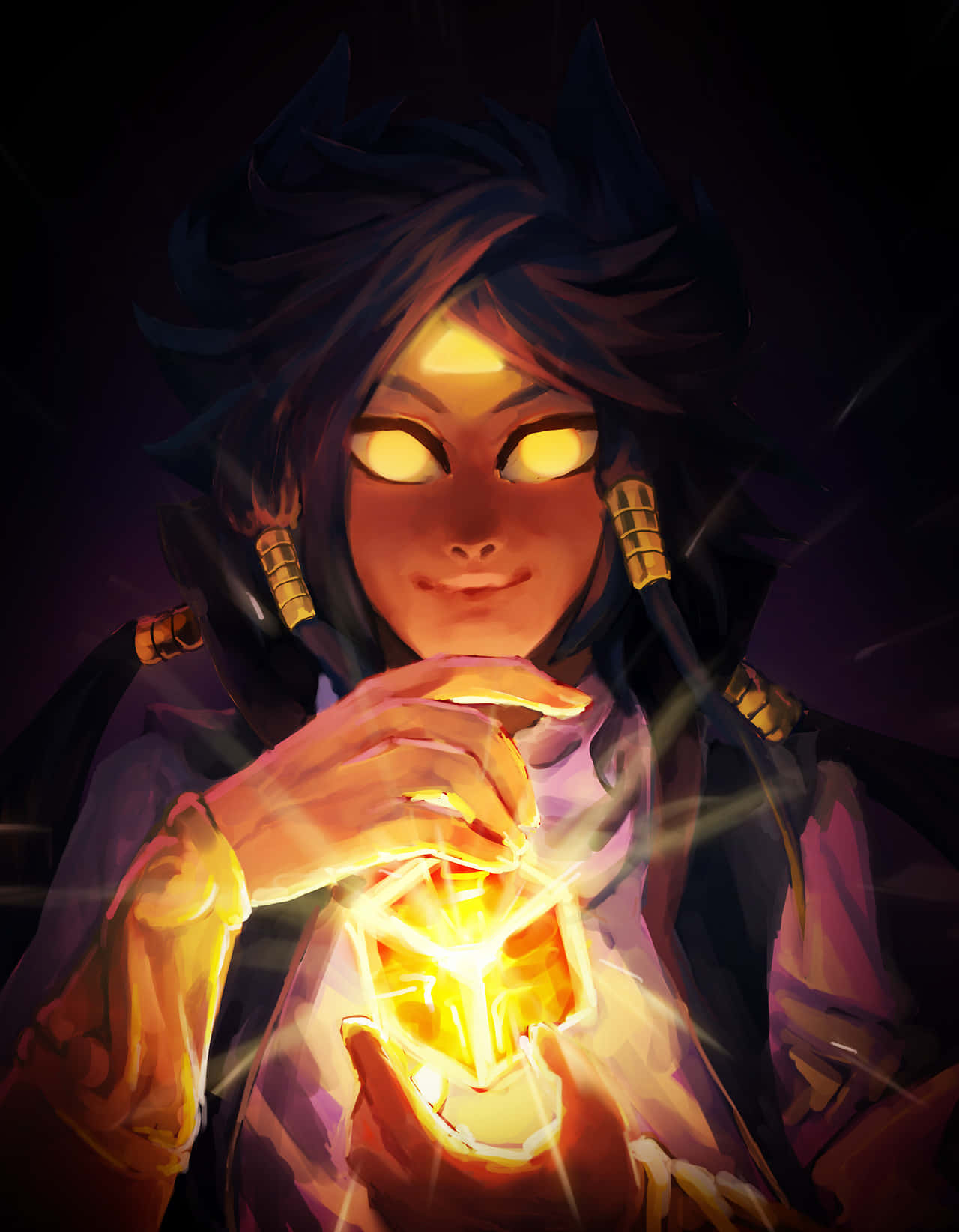 Aigami, glowing eyes, radiant golden cube, HD Phone Wallpaper