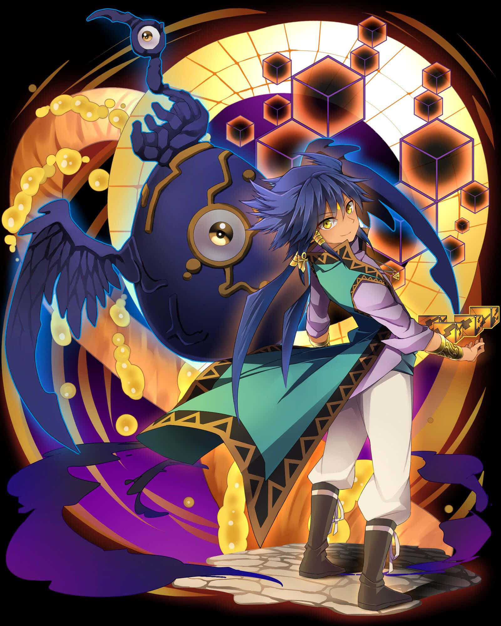 Aigami, blue-haired anime character, one-eyed purple creature, Full HD Phone Wallpaper