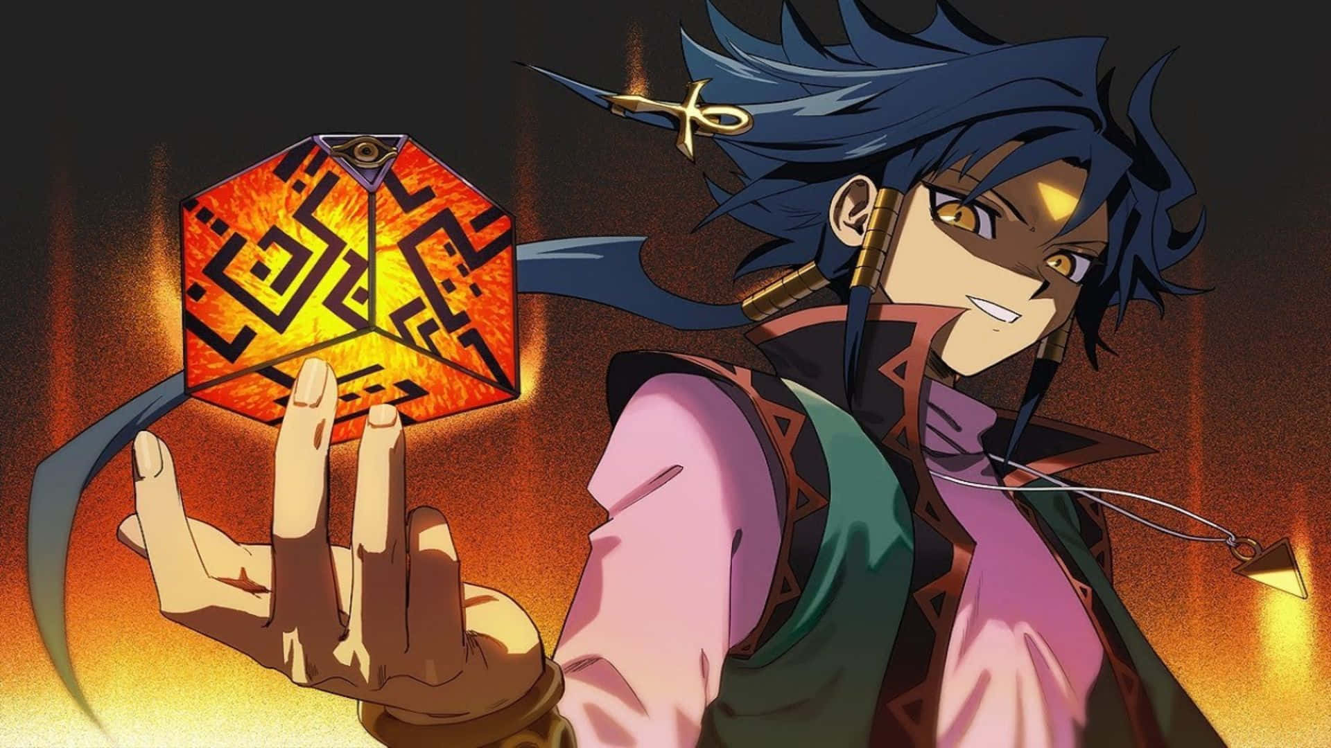 Aigami, spiky blue hair, glowing fiery hexagonal artifact, Full HD Desktop Wallpaper