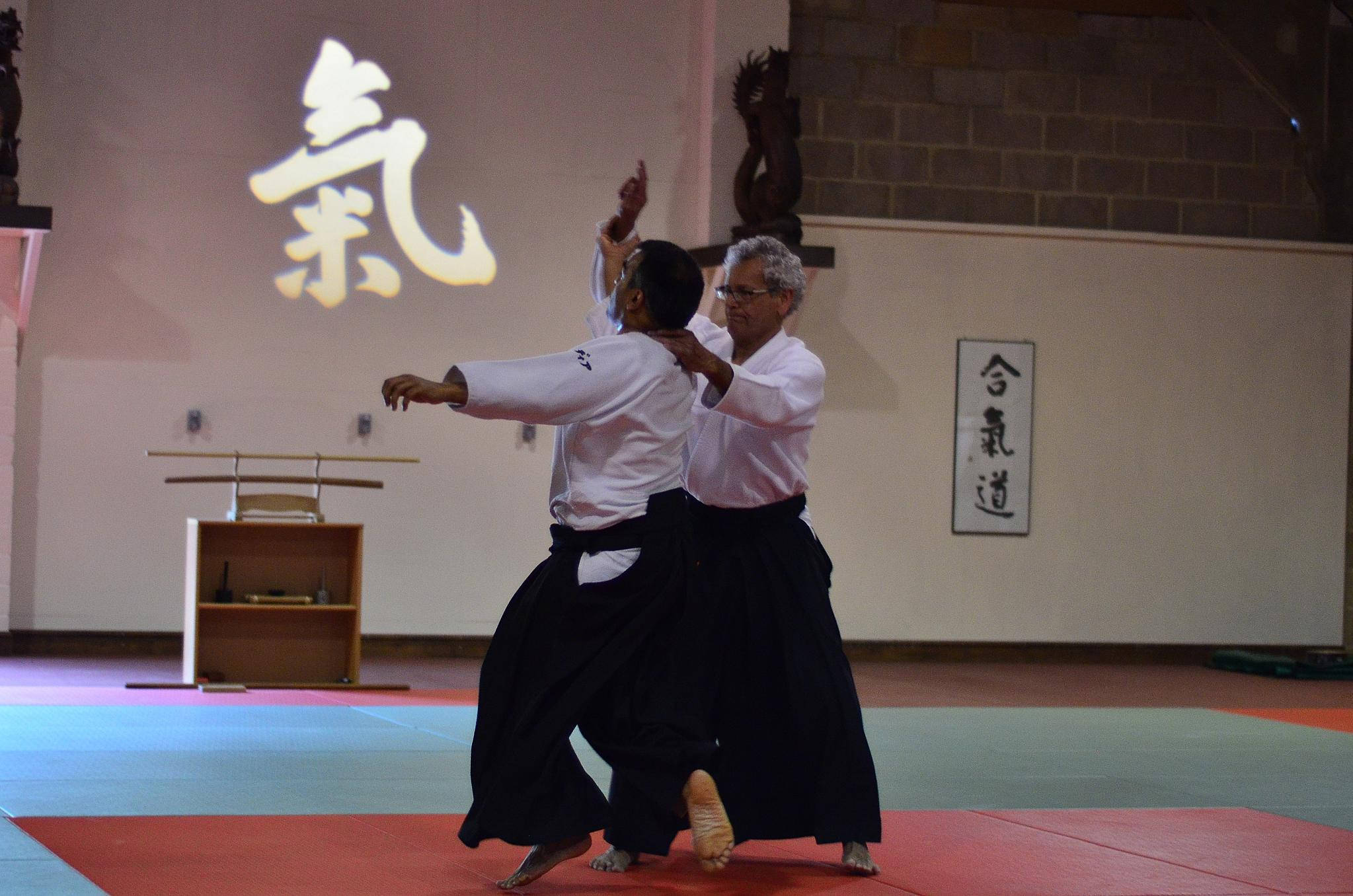aikido practitioners, white tops, black hakama, Full HD Desktop Wallpaper