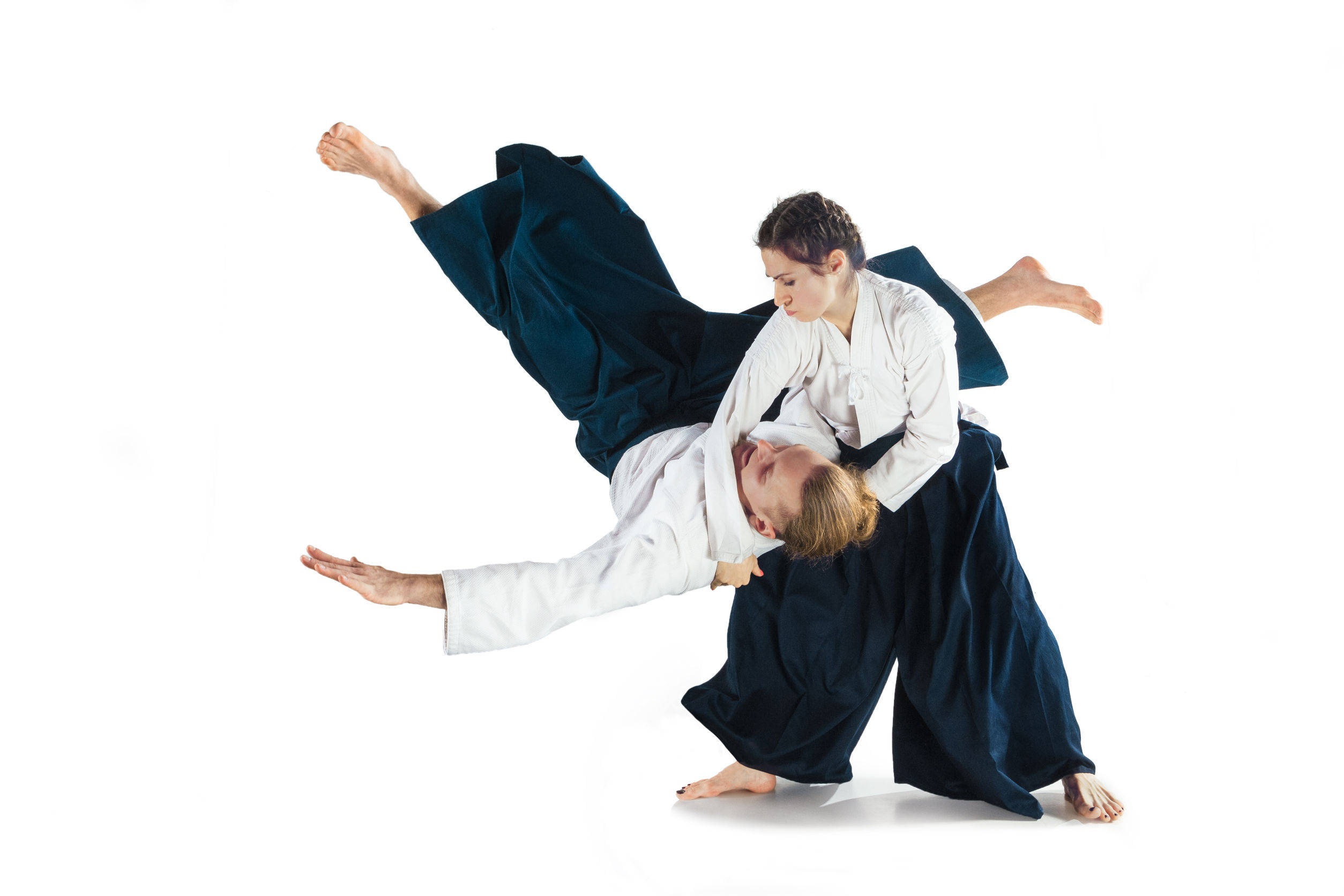 female aikidokas, koshi nage, white gi, Full HD Desktop Wallpaper