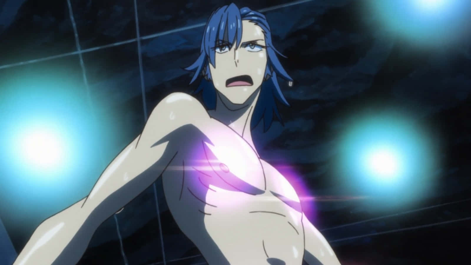 Aikuro Mikisugi, blue-haired, glowing purple energy, HD Desktop Wallpaper