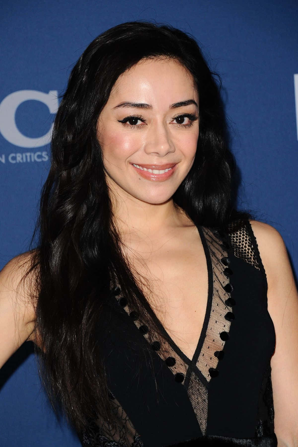 Aimee Garcia, black lace dress, blue event backdrop, HD Phone Wallpaper