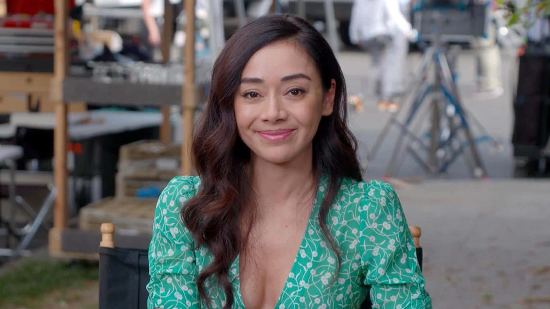 Aimee Garcia, red dress, director's chair, Full HD Desktop Wallpaper