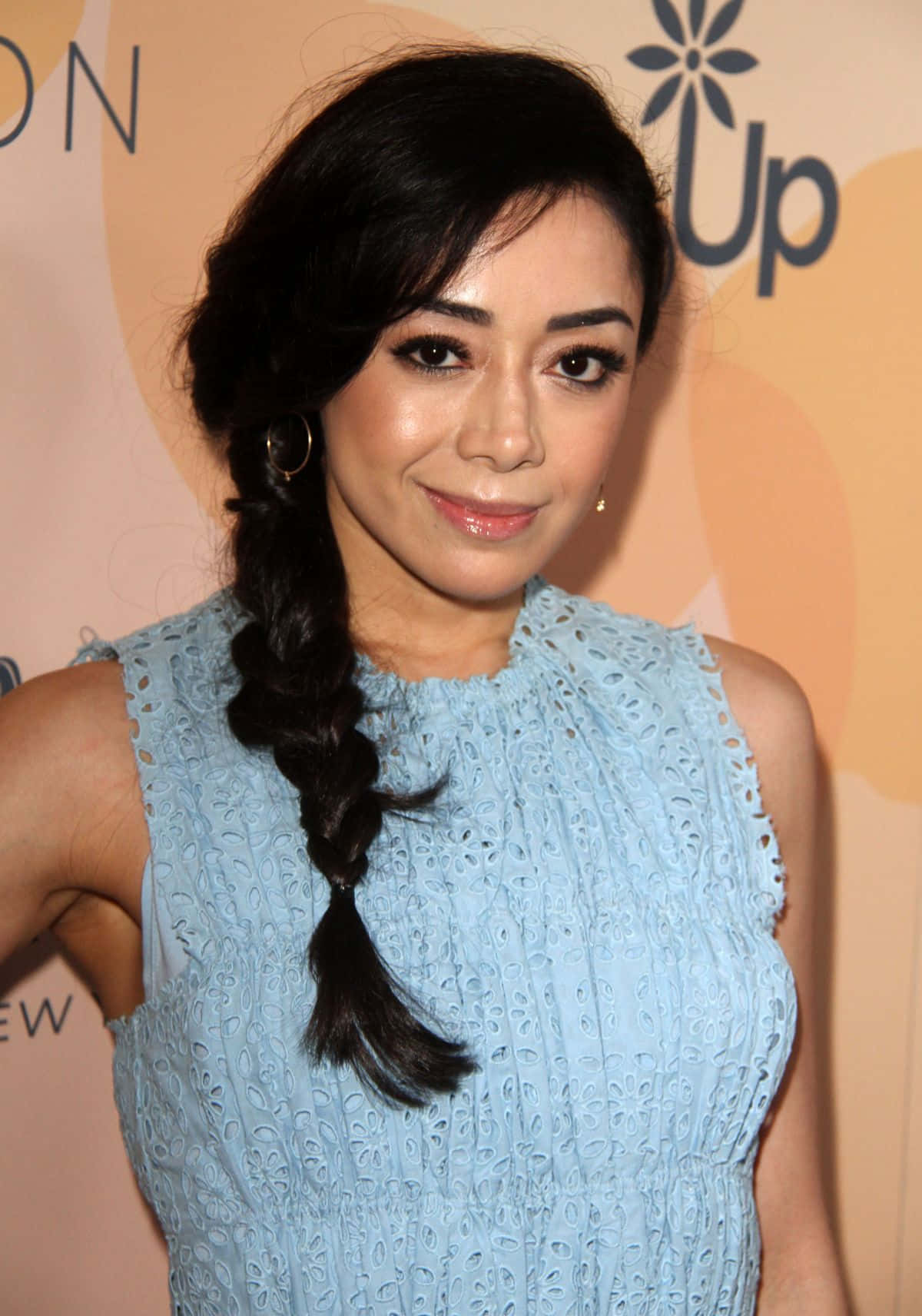 Aimee Garcia, light blue lace dress, warm orange backdrop, HD Phone Wallpaper
