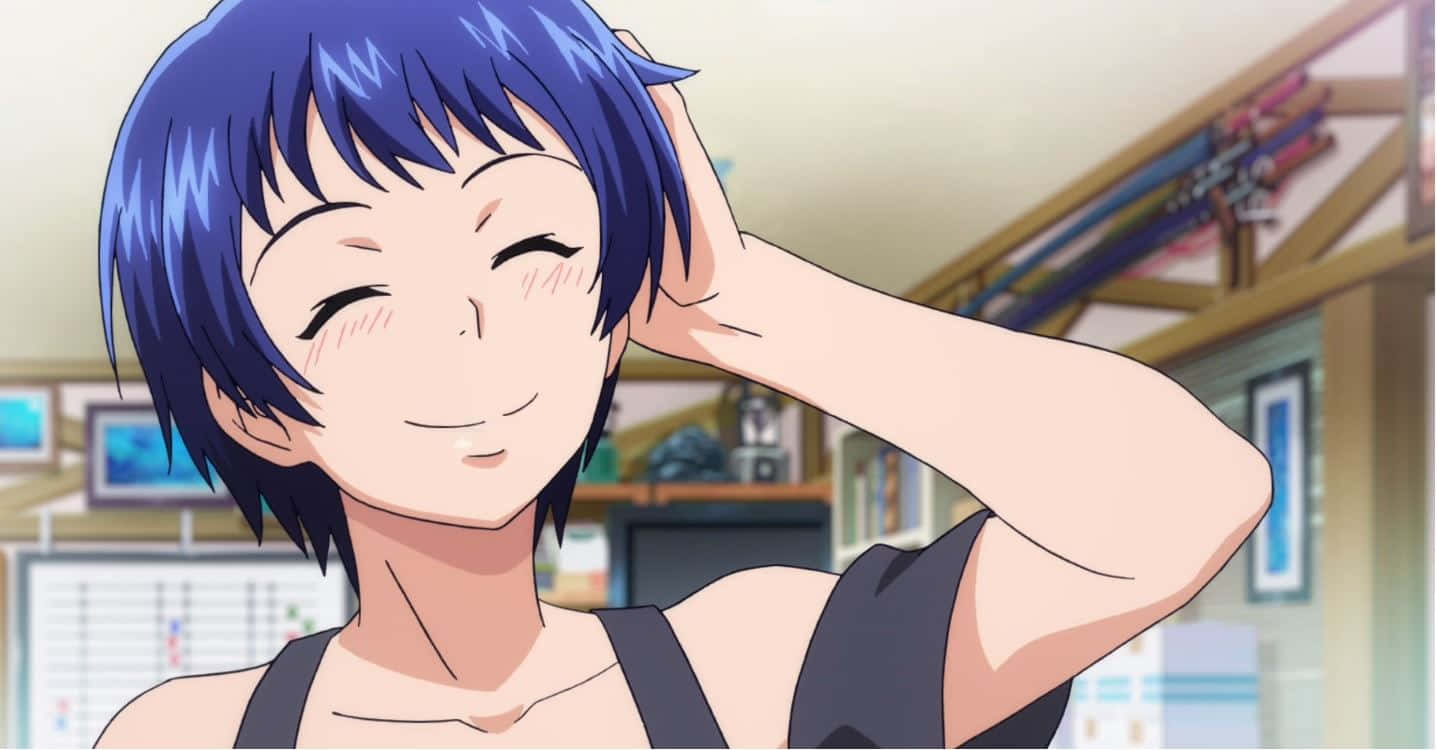 Aina Yoshiwara, blue hair, cozy indoor setting, HD Desktop Wallpaper