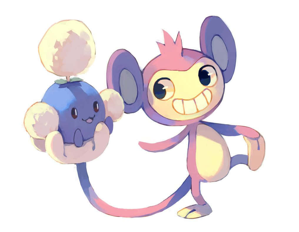 Aipom, pink monkey-like Pokémon, round blue Pokémon, SD Desktop Wallpaper
