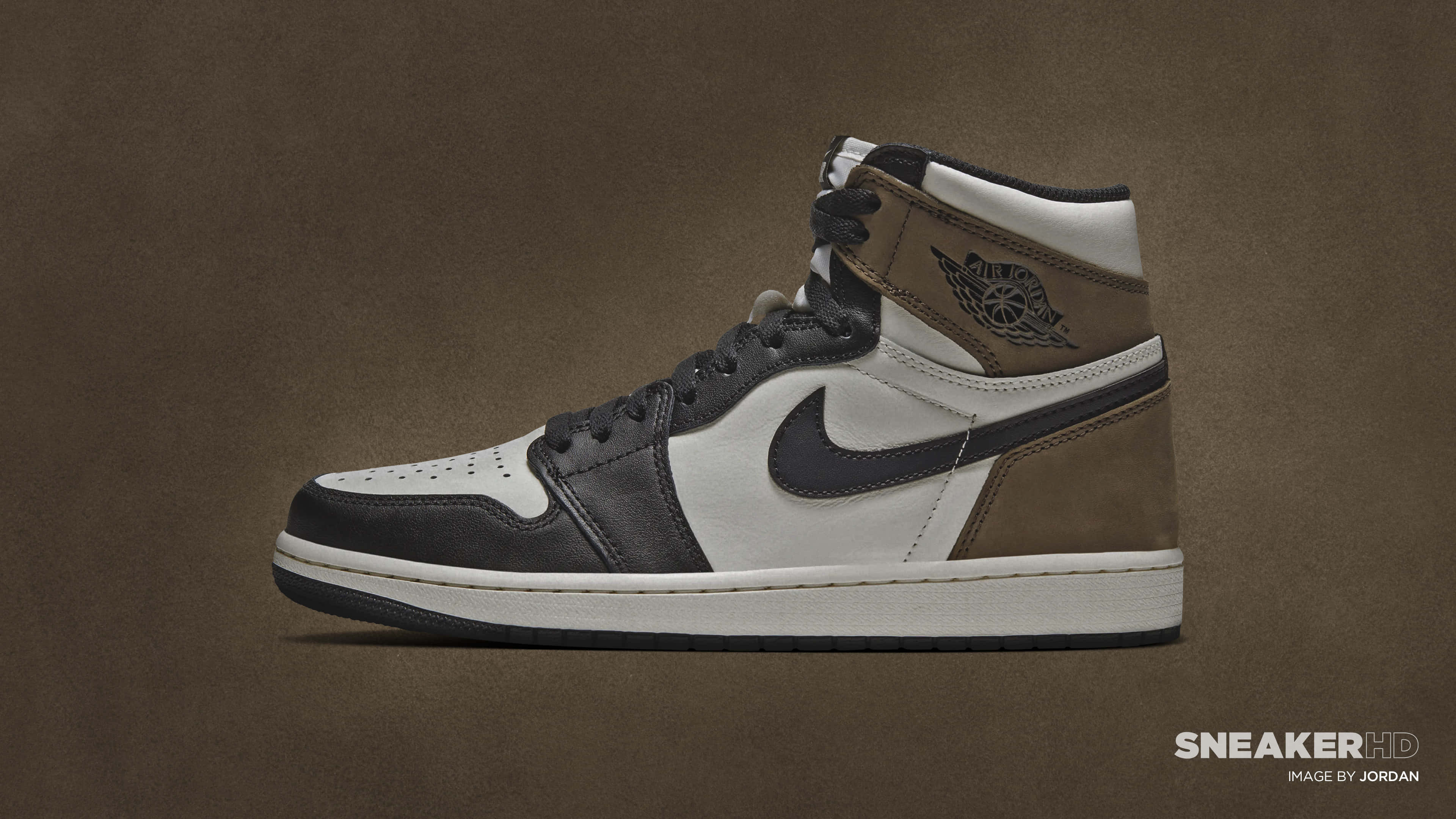 Air Jordan 1, black white and brown leather, textured brown background, 4K Desktop Wallpaper