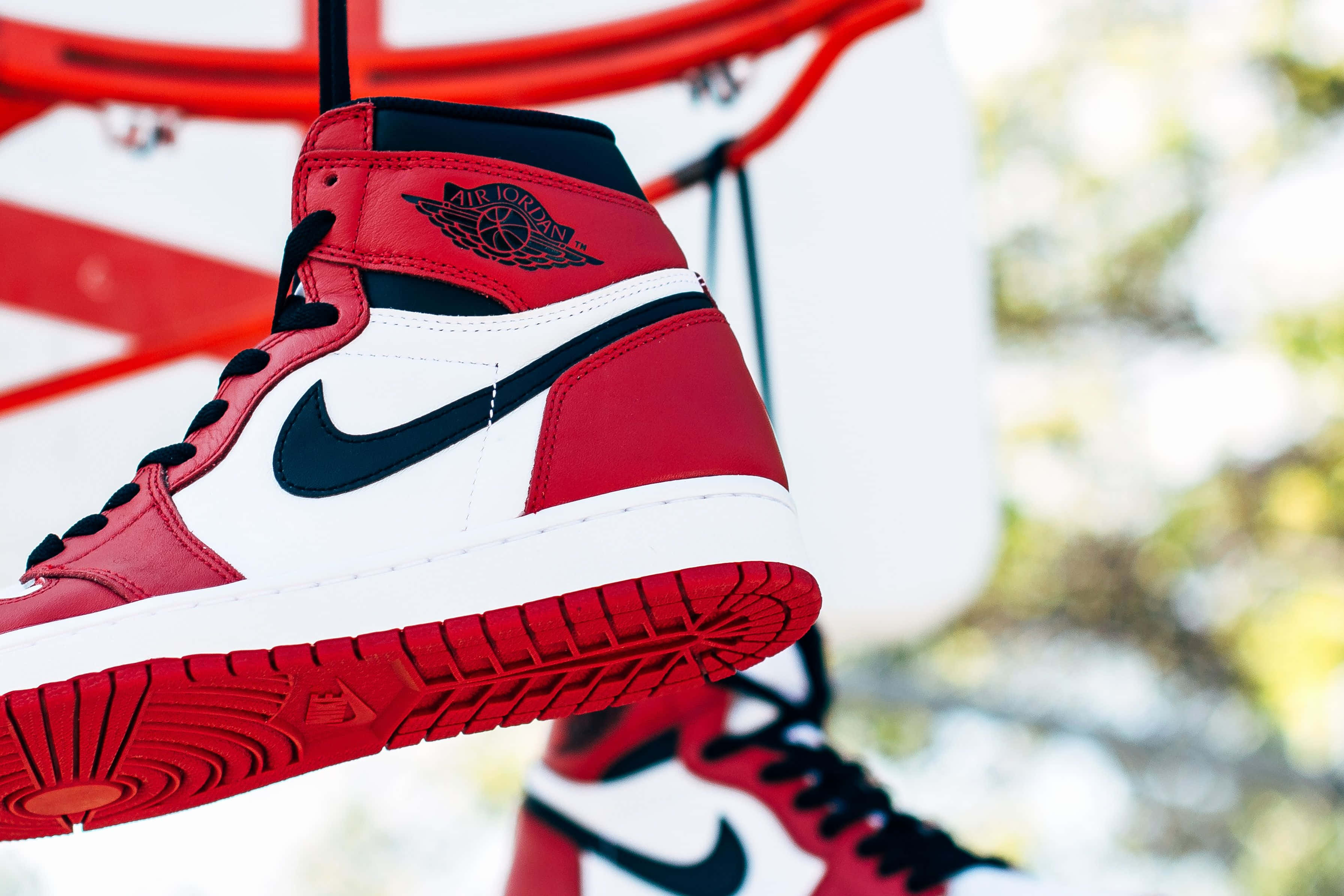 Air Jordan 1, red white and black, basketball hoop, 2K Desktop Wallpaper