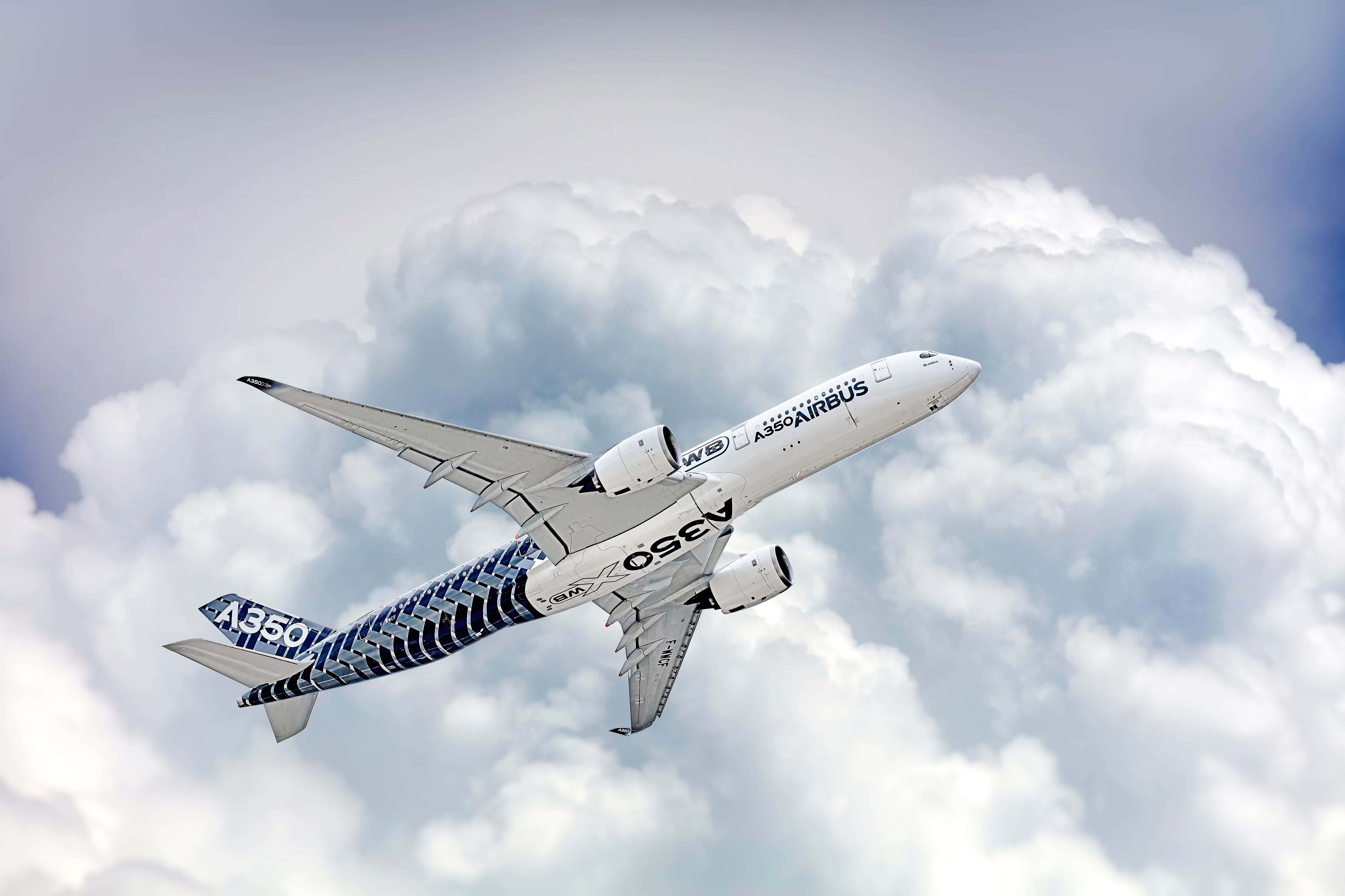 Airbus A350, blue wave livery, fluffy white clouds, 8K Desktop Wallpaper
