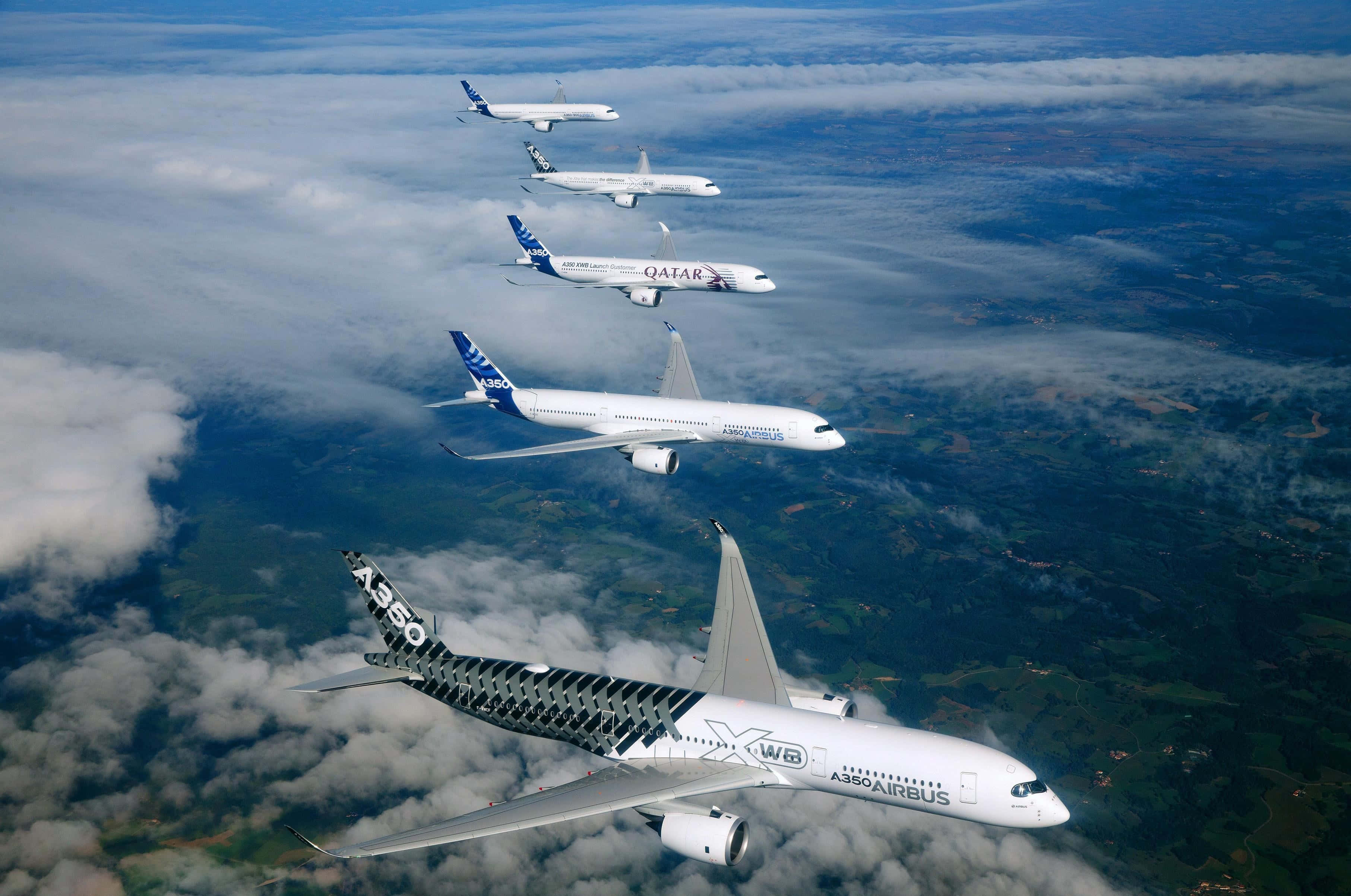 Airbus A350, formation flight, fluffy clouds, 2K Desktop Wallpaper