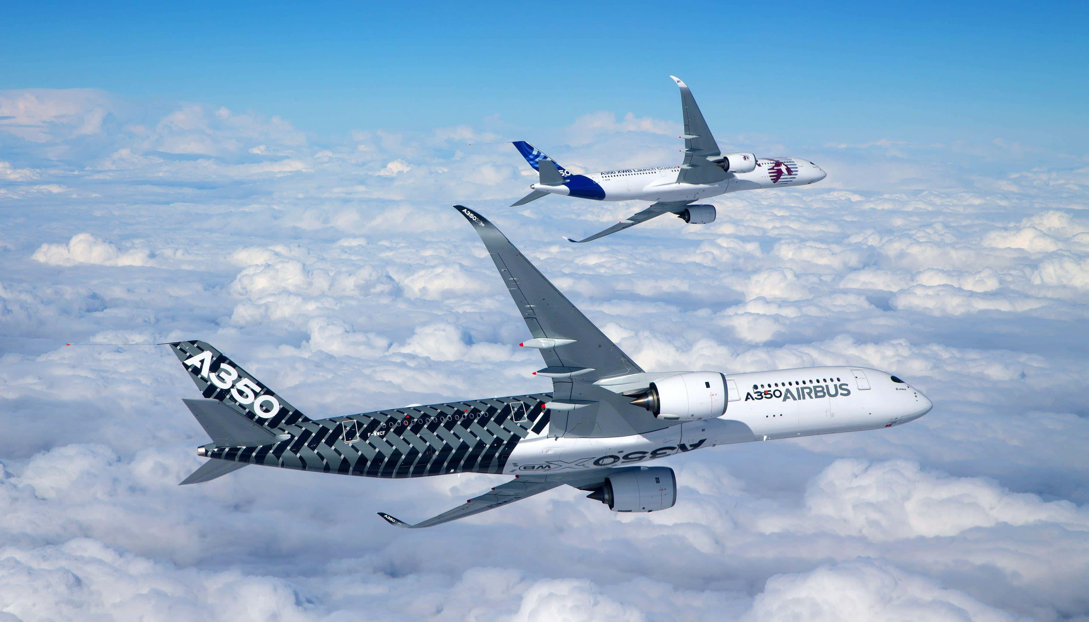 Airbus A350, formation flight, fluffy white clouds, 2K Desktop Wallpaper