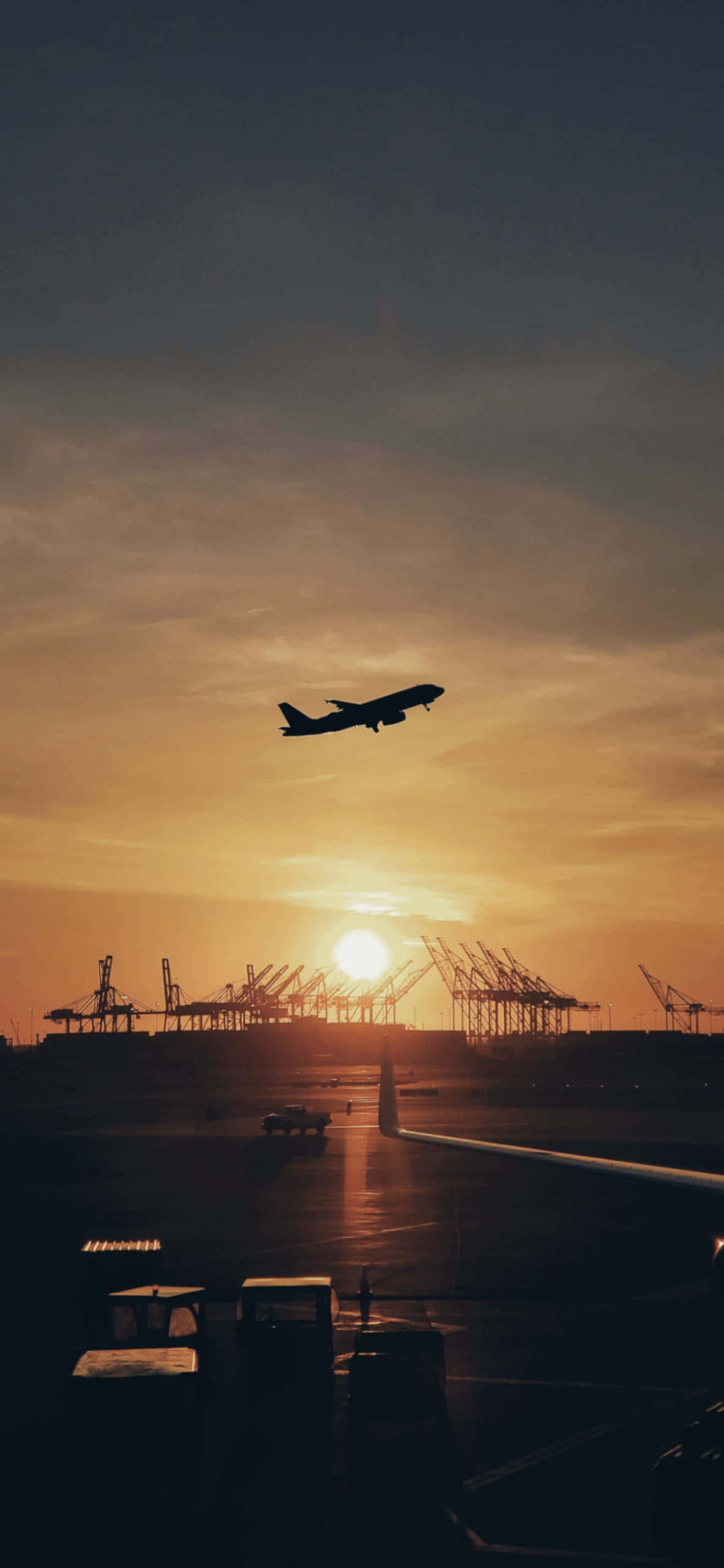 sunset, airplane silhouette, airport, 2K Phone Wallpaper
