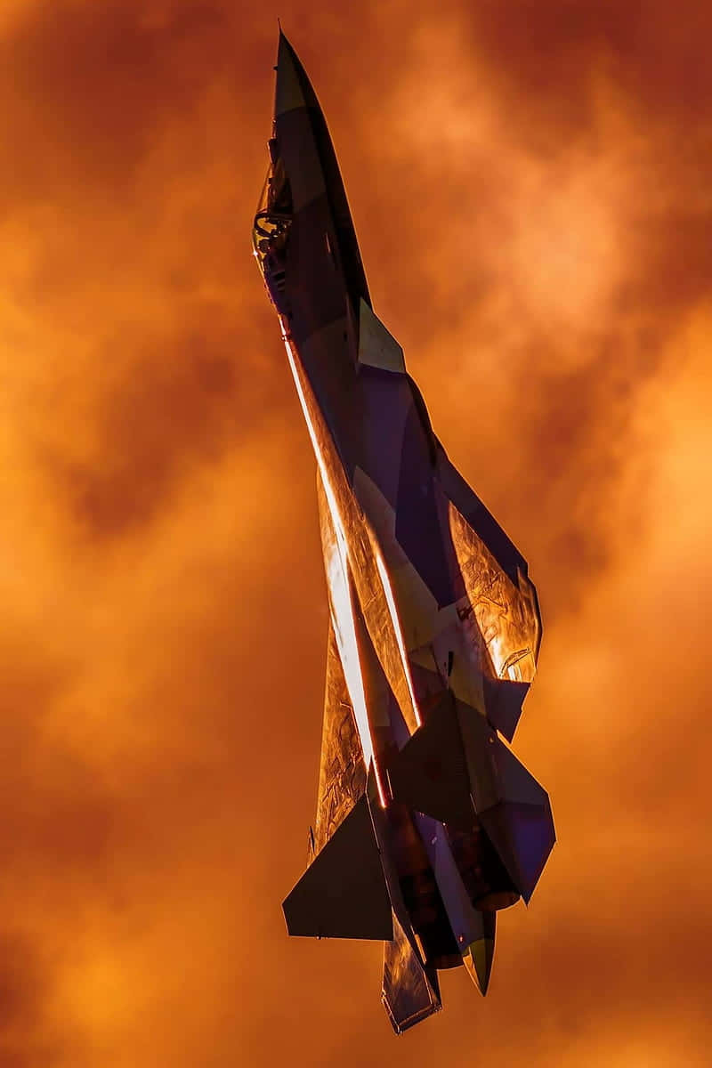 fiery orange sunset, fighter jet, dramatic cloud textures, SD Phone Wallpaper
