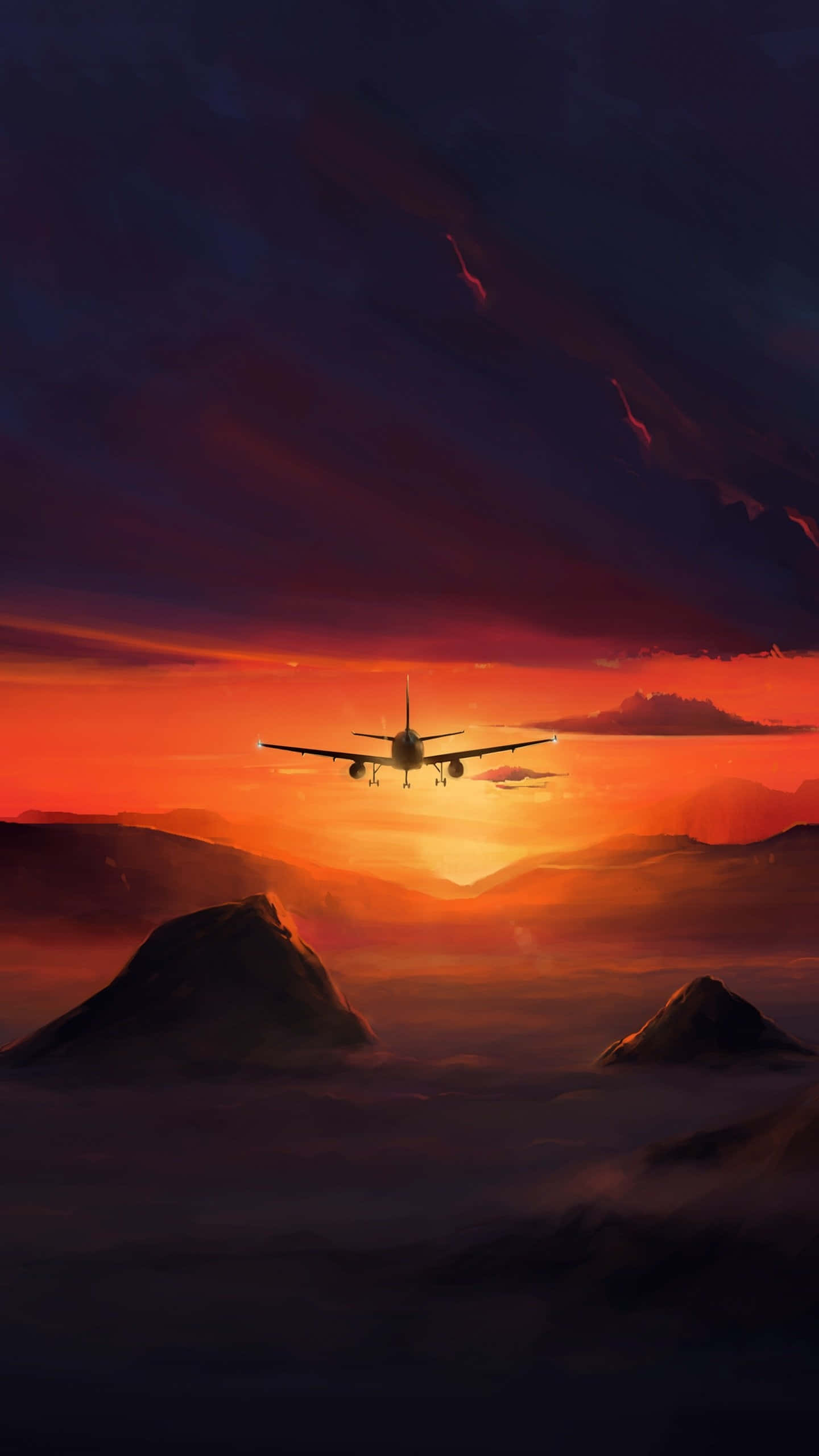 sunset, clouds, plane, 2K Phone Wallpaper