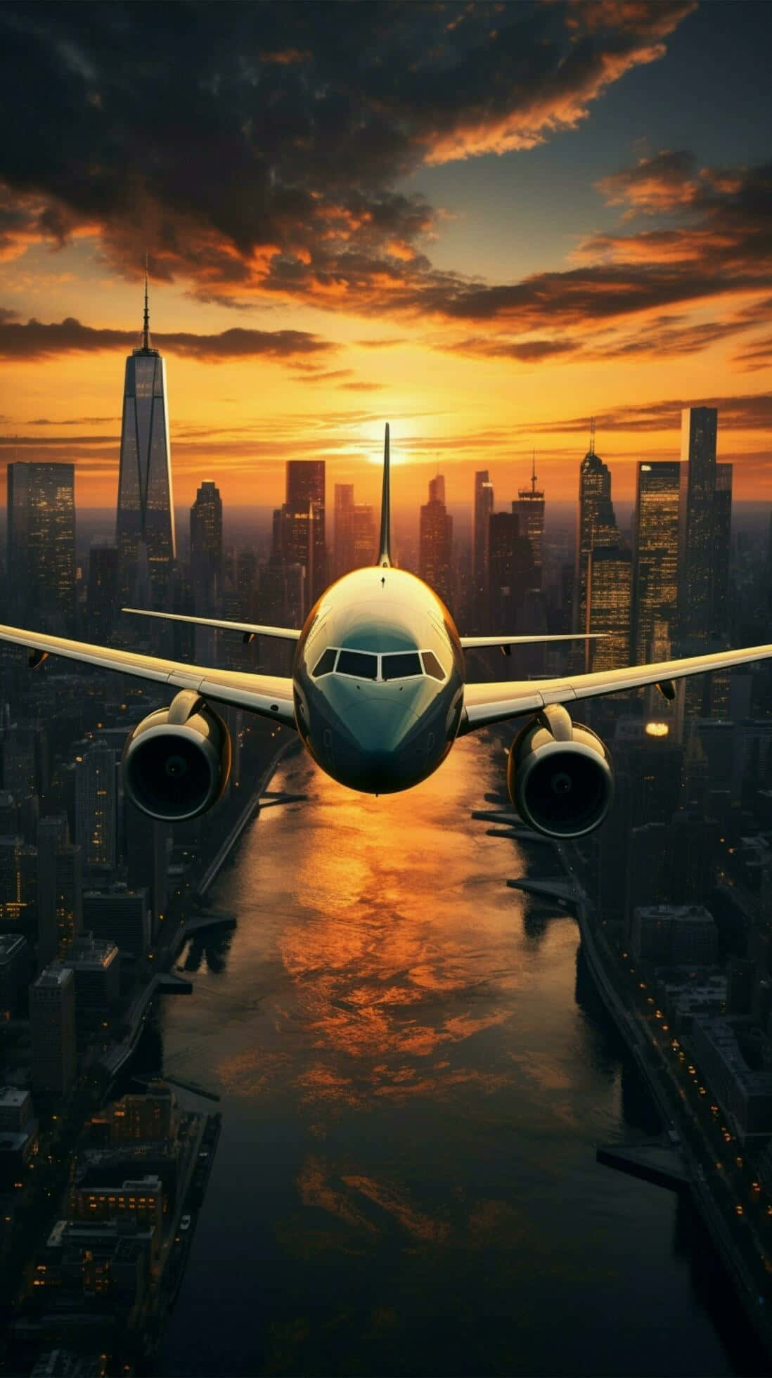 sunset, airplane, city skyline, Full HD Phone Wallpaper