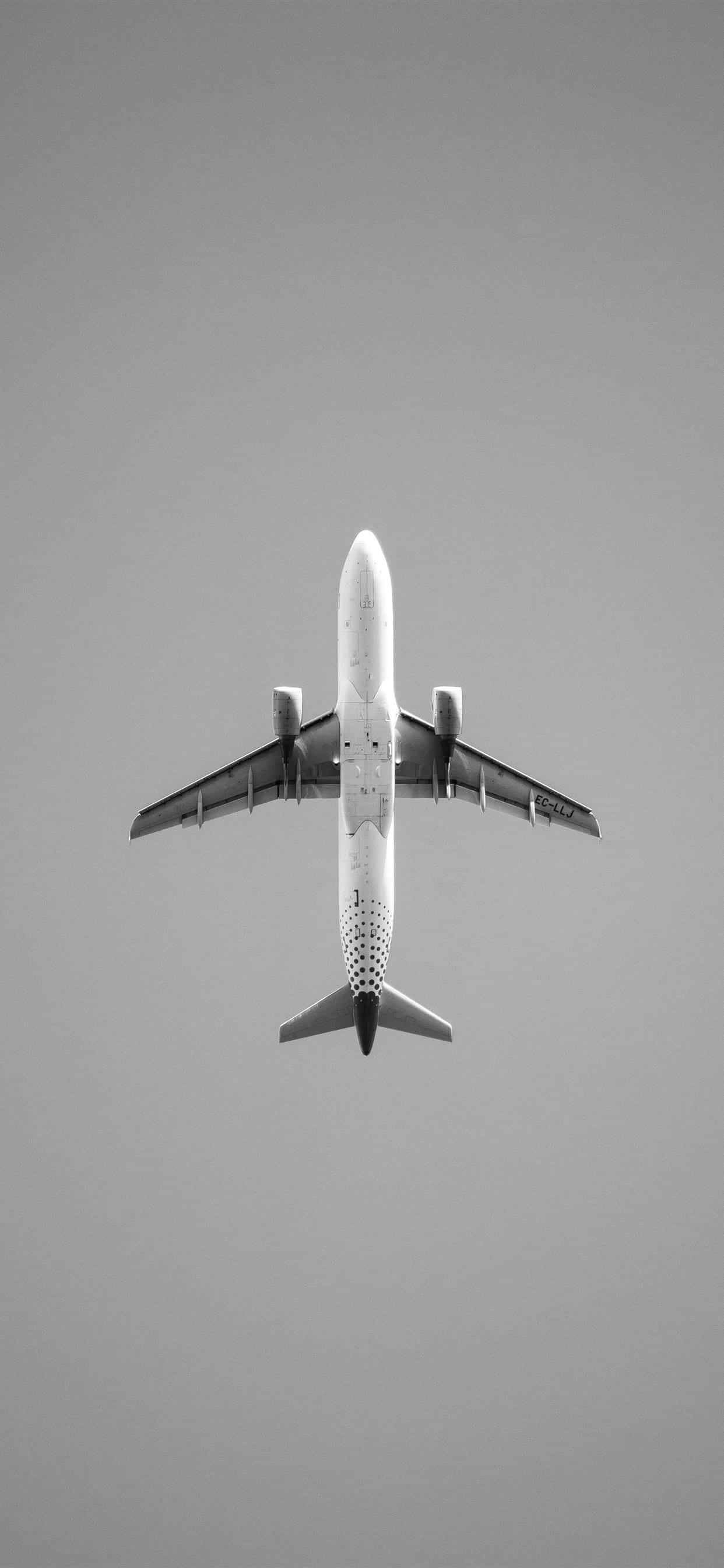 overhead airplane, black and white, commercial airplane, 2K Phone Wallpaper