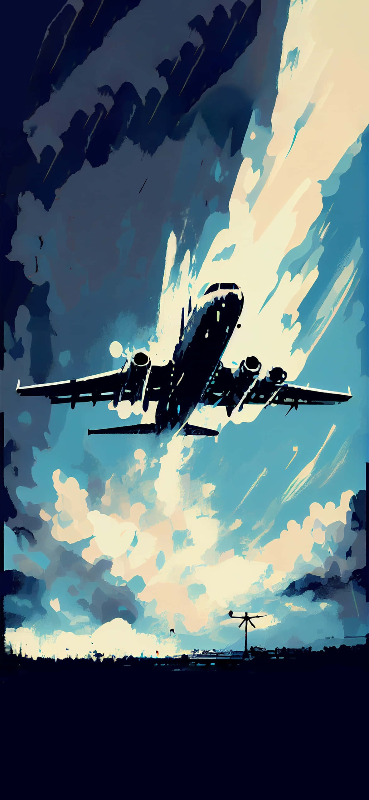 vintage airplane, dramatic sky, bold blue and cream clouds, 2K Phone Wallpaper