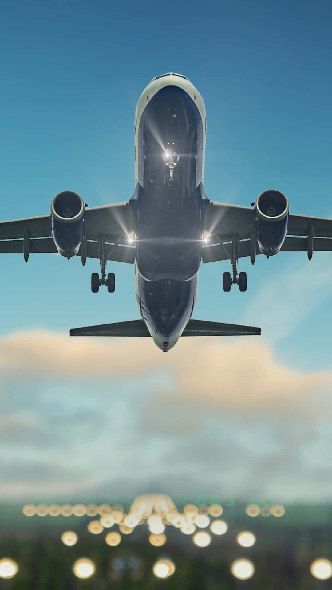 commercial airplane, runway lights, clear blue sky, Full HD Phone Wallpaper