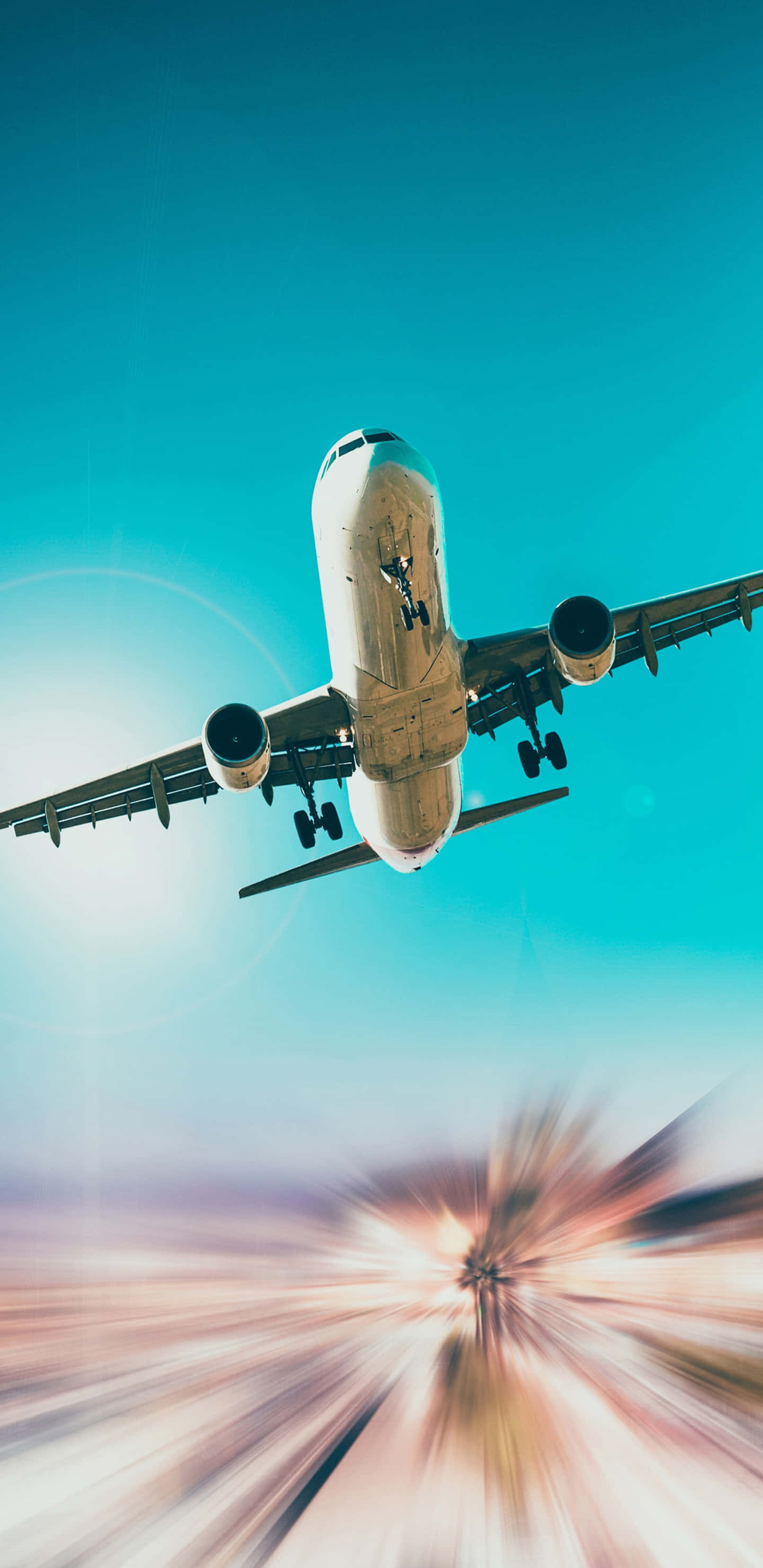 commercial airplane, vibrant turquoise sky, sunburst effect, 2K Phone Wallpaper