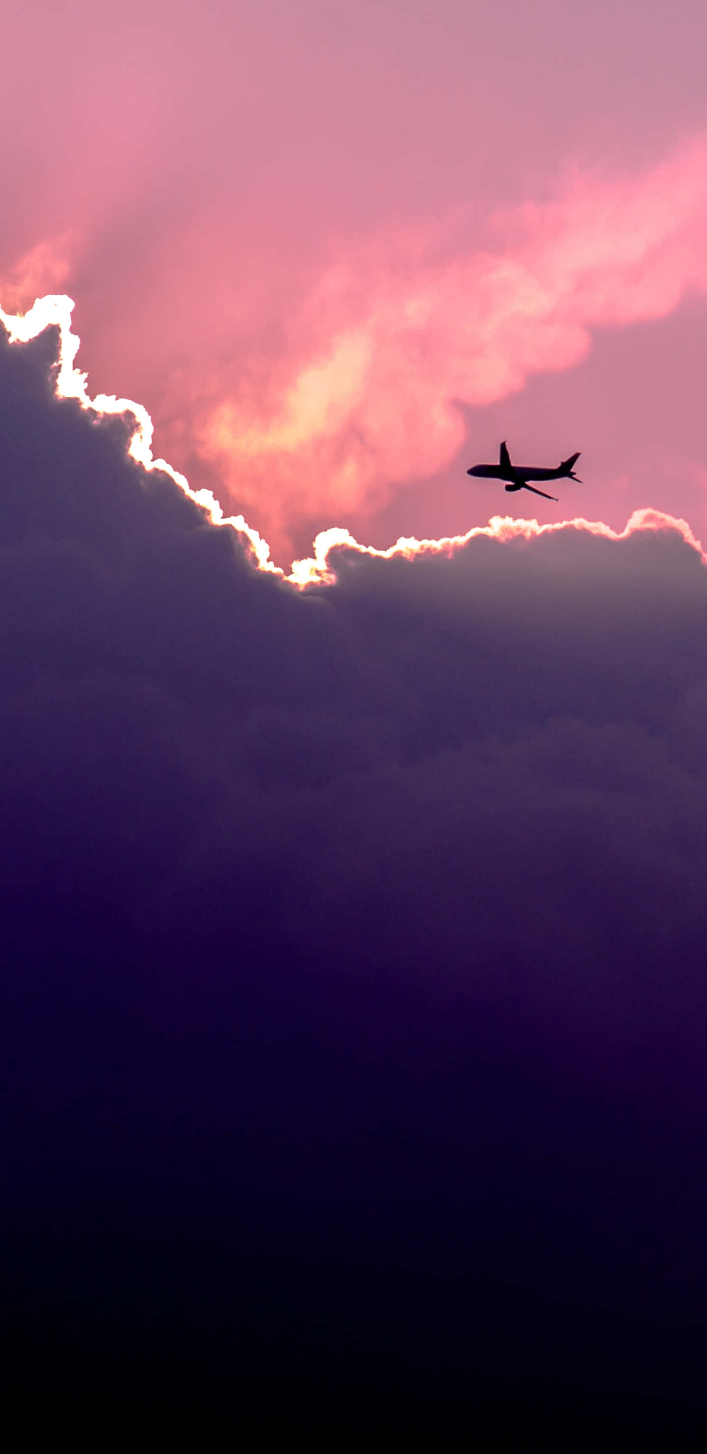 silhouette airplane, sunset sky, fiery pink clouds, 2K Phone Wallpaper
