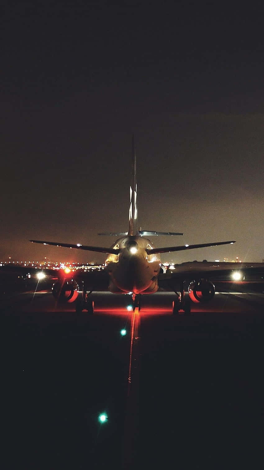 nighttime airplane runway illumination, commercial airplane, glowing red lights, HD Phone Wallpaper