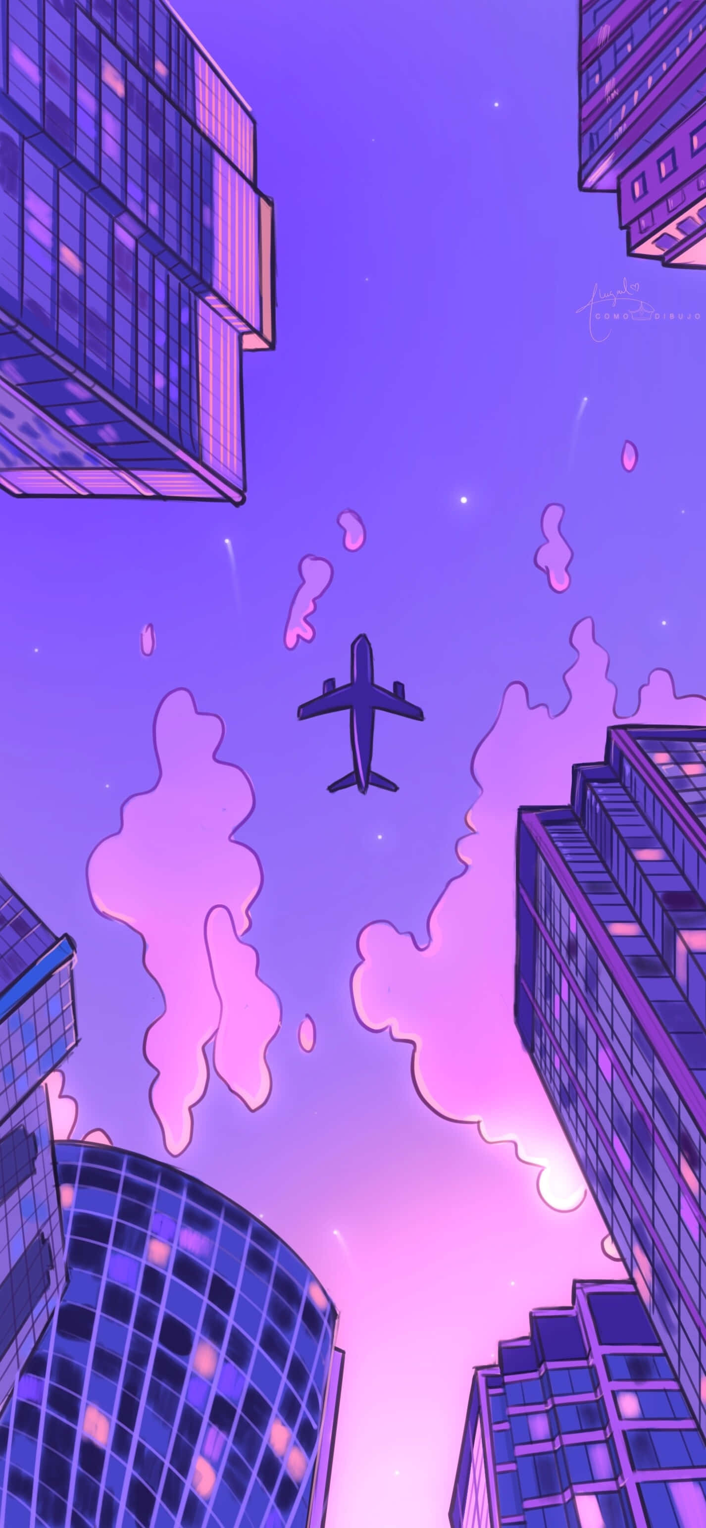 purple skyline, airplane, purple skyscrapers, 2K Phone Wallpaper