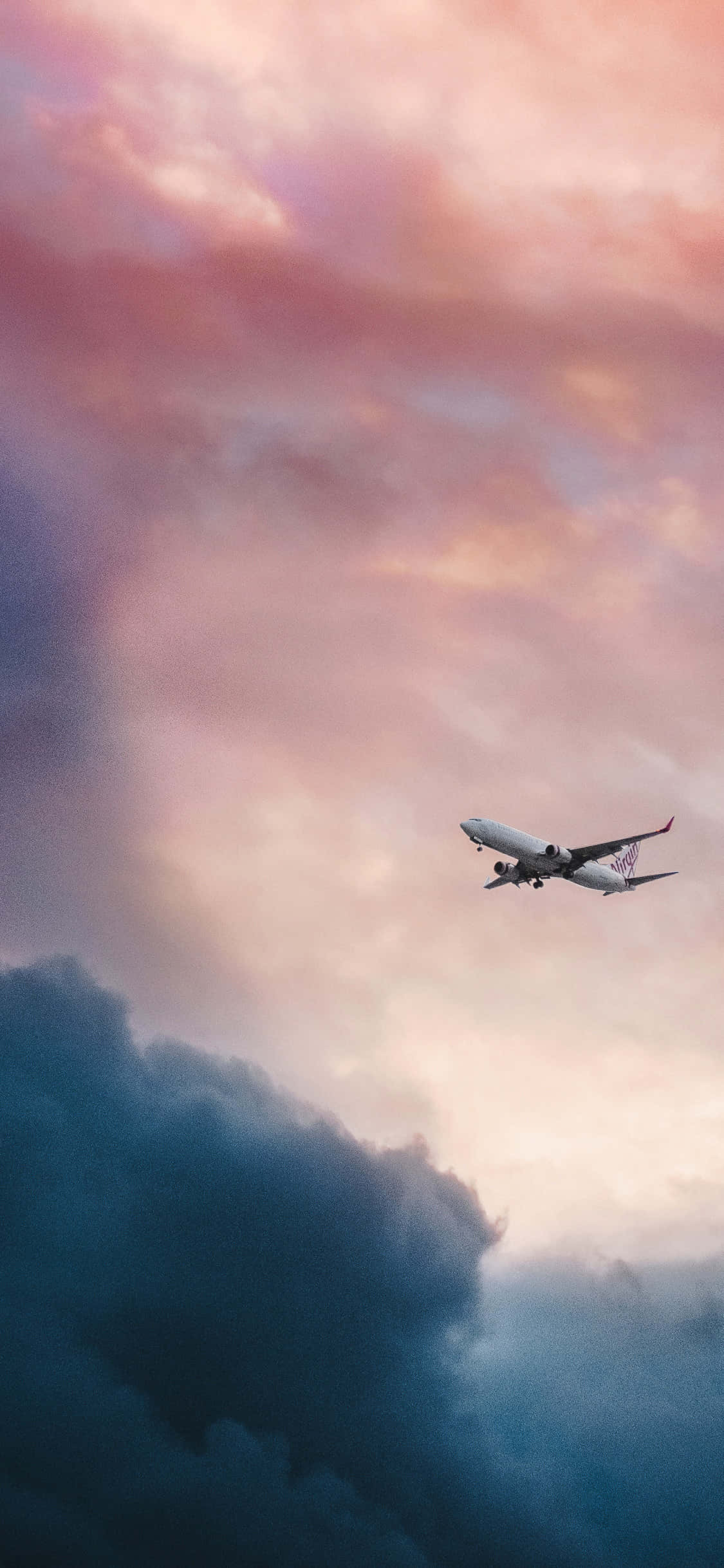commercial airplane, pink orange, deep blue clouds, Full HD Phone Wallpaper